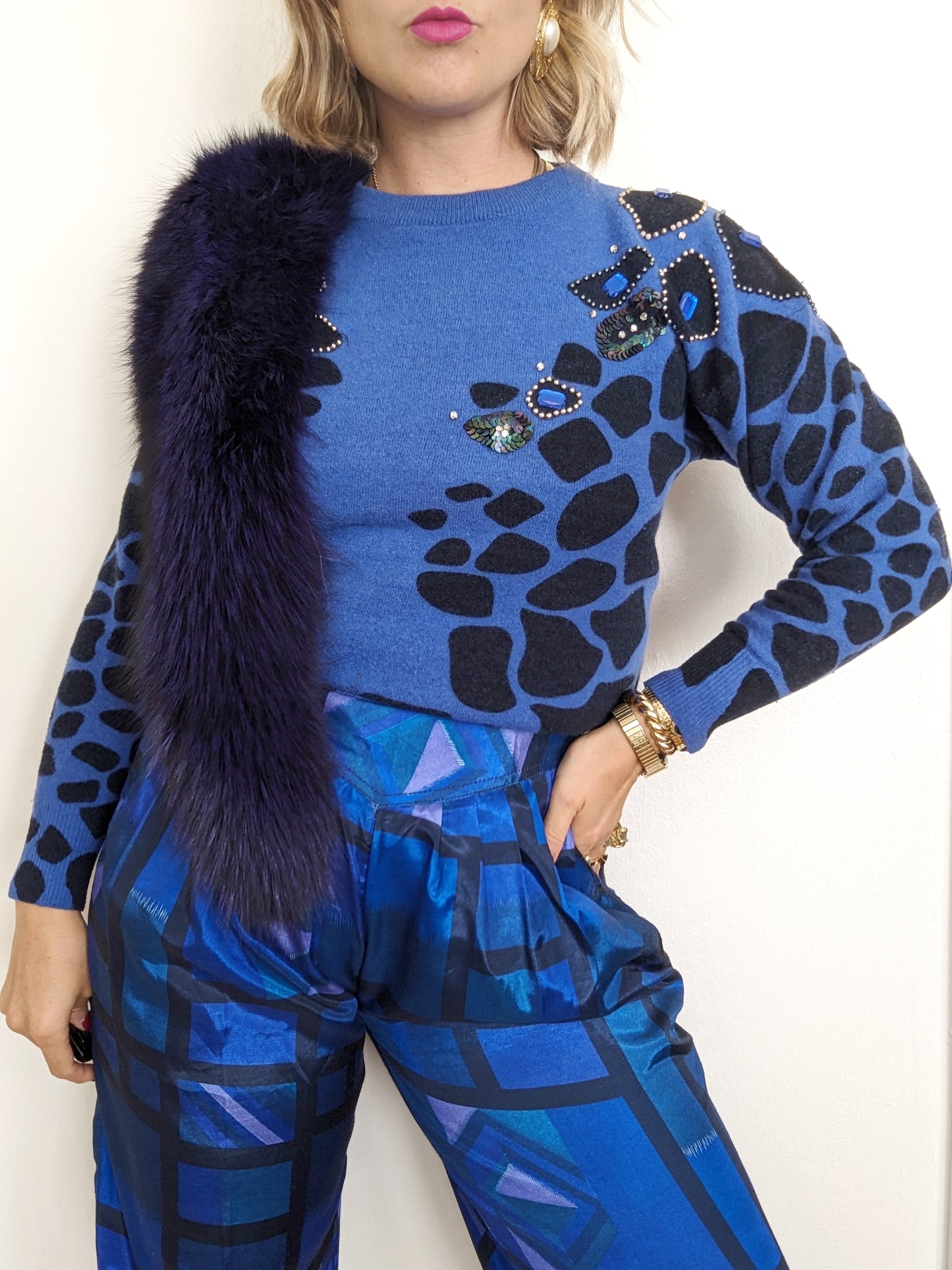80s Periwinkle Leopard Spotted Sweater