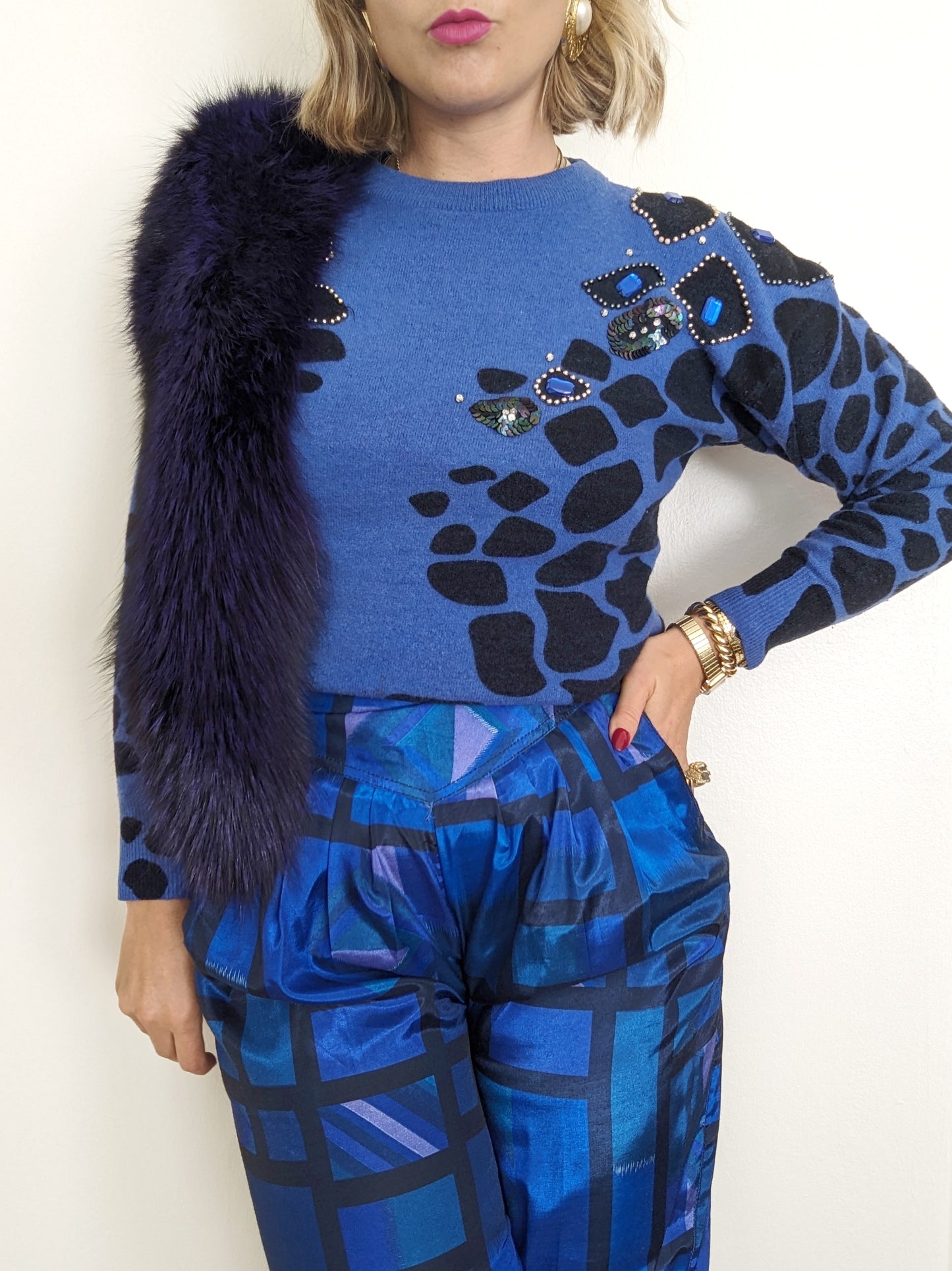 80s Periwinkle Leopard Spotted Sweater
