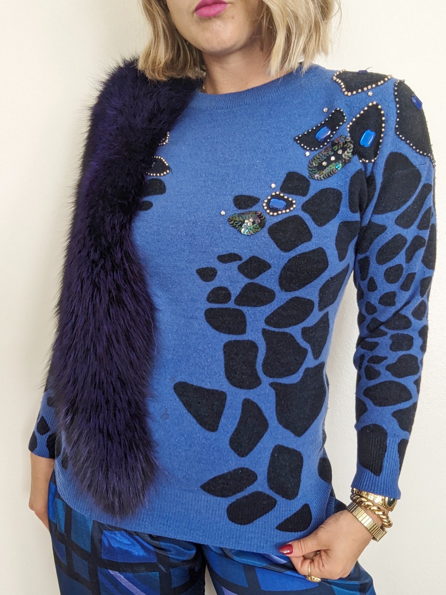 80s Periwinkle Leopard Spotted Sweater