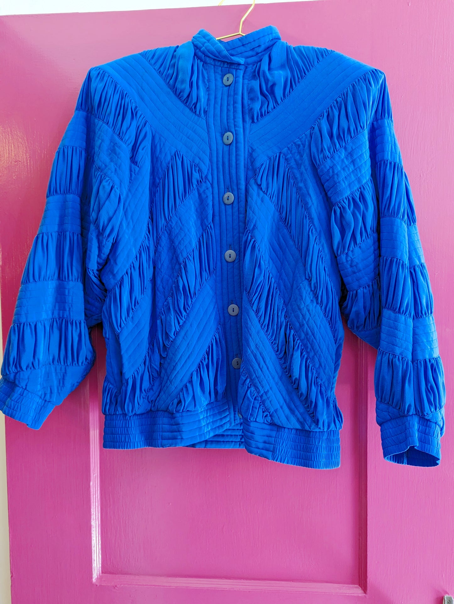 80s Blue Silk Ruched Bomber Jacket