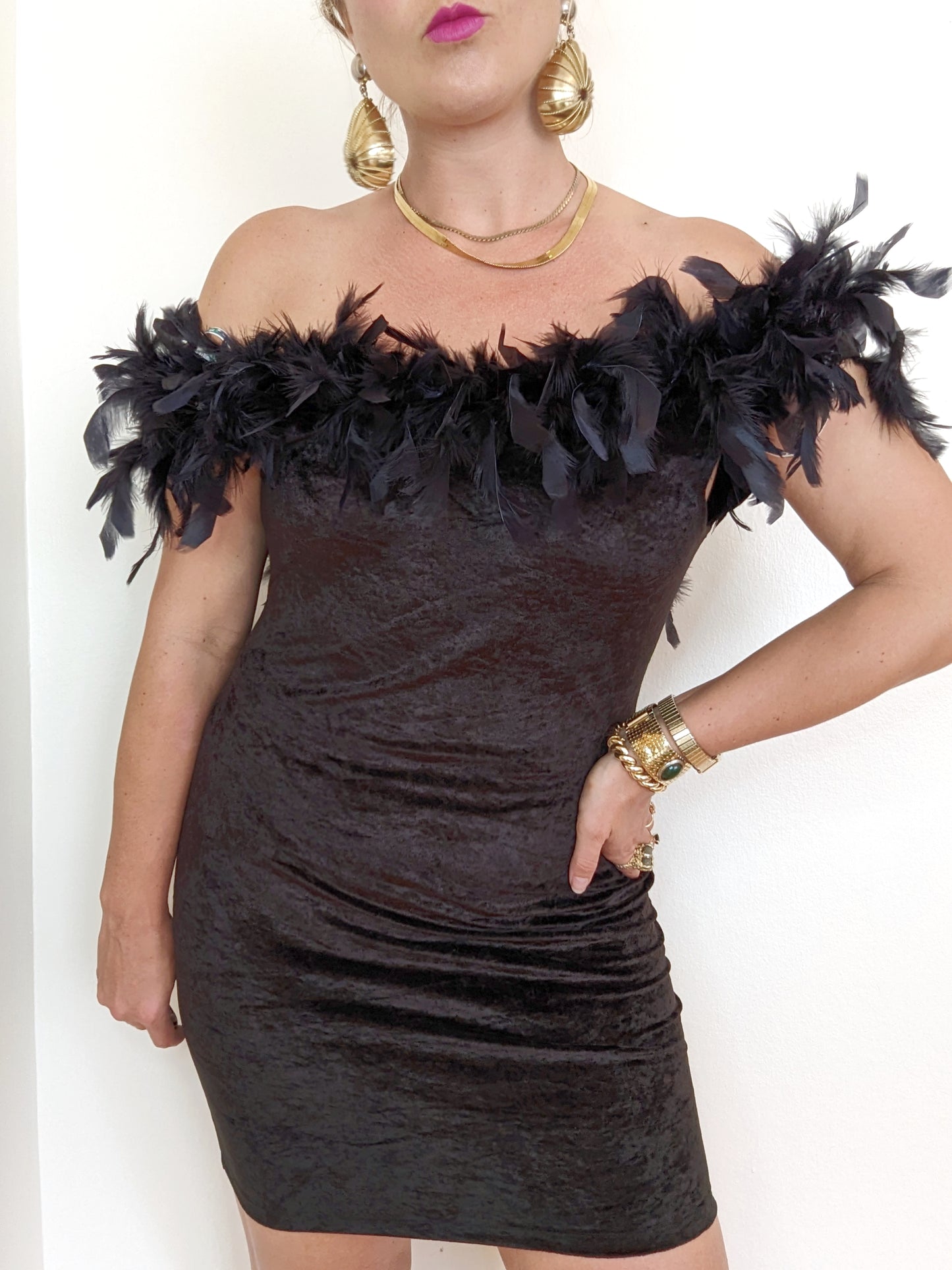 80s Feather + Velvet Off-the-shoulder Mini Dress