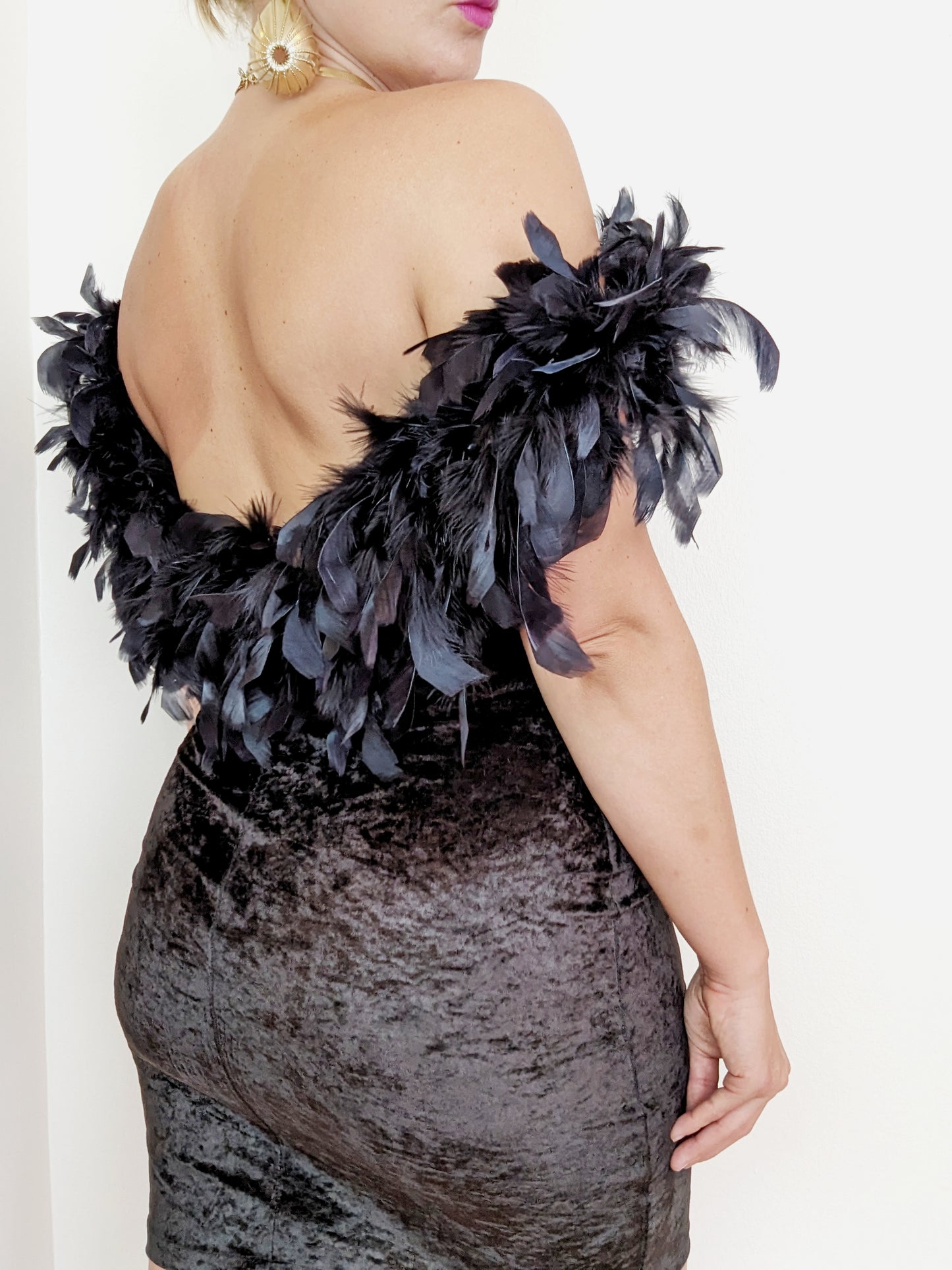 80s Feather + Velvet Off-the-shoulder Mini Dress