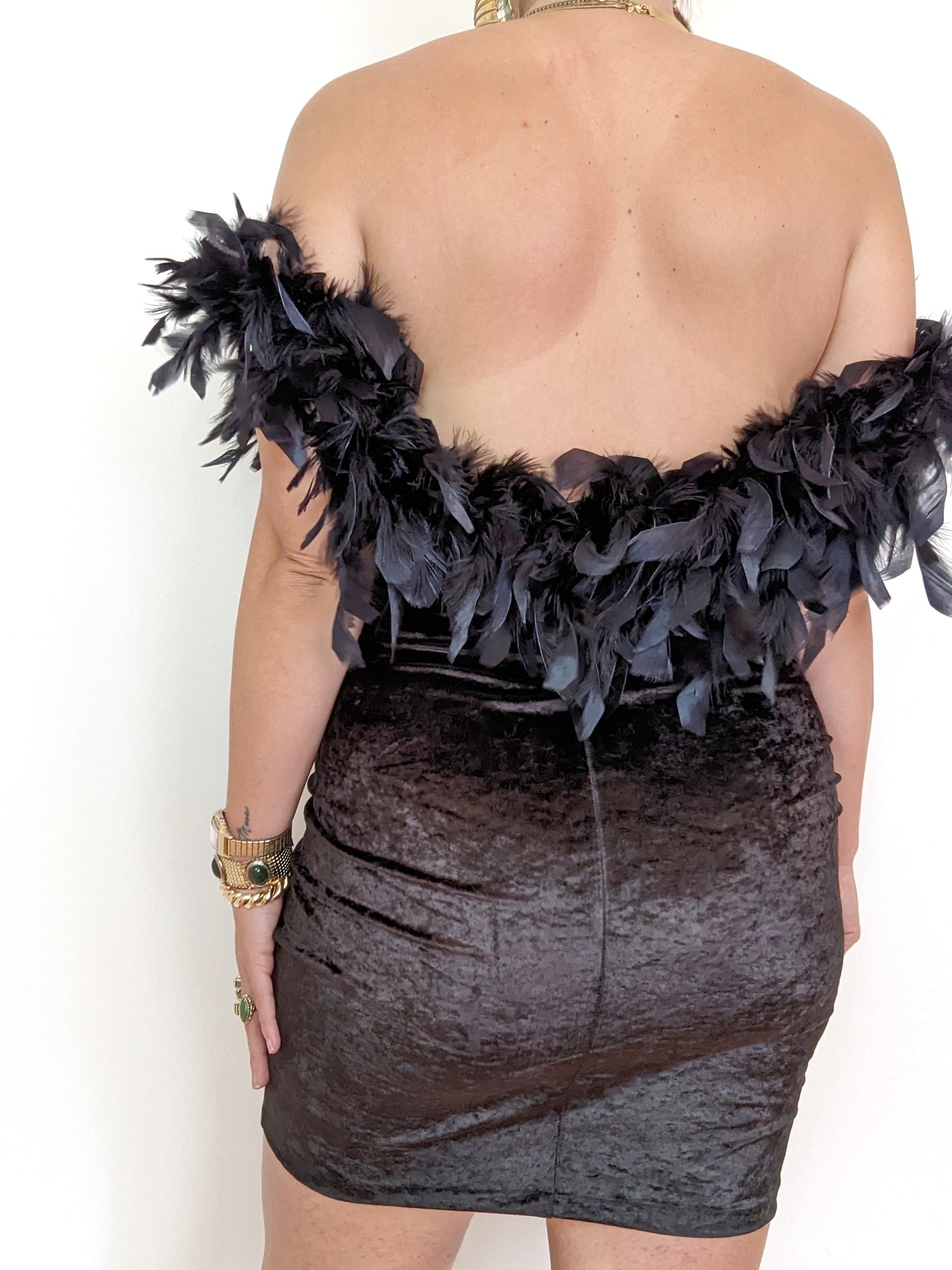 80s Feather + Velvet Off-the-shoulder Mini Dress