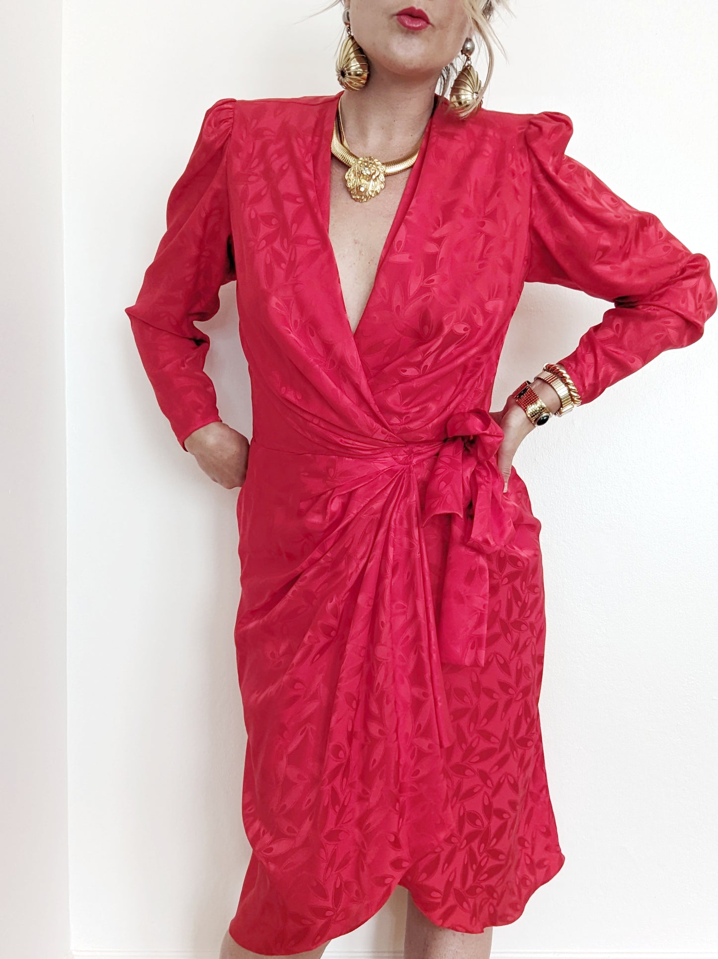 90s Red Silk Wrap Dress