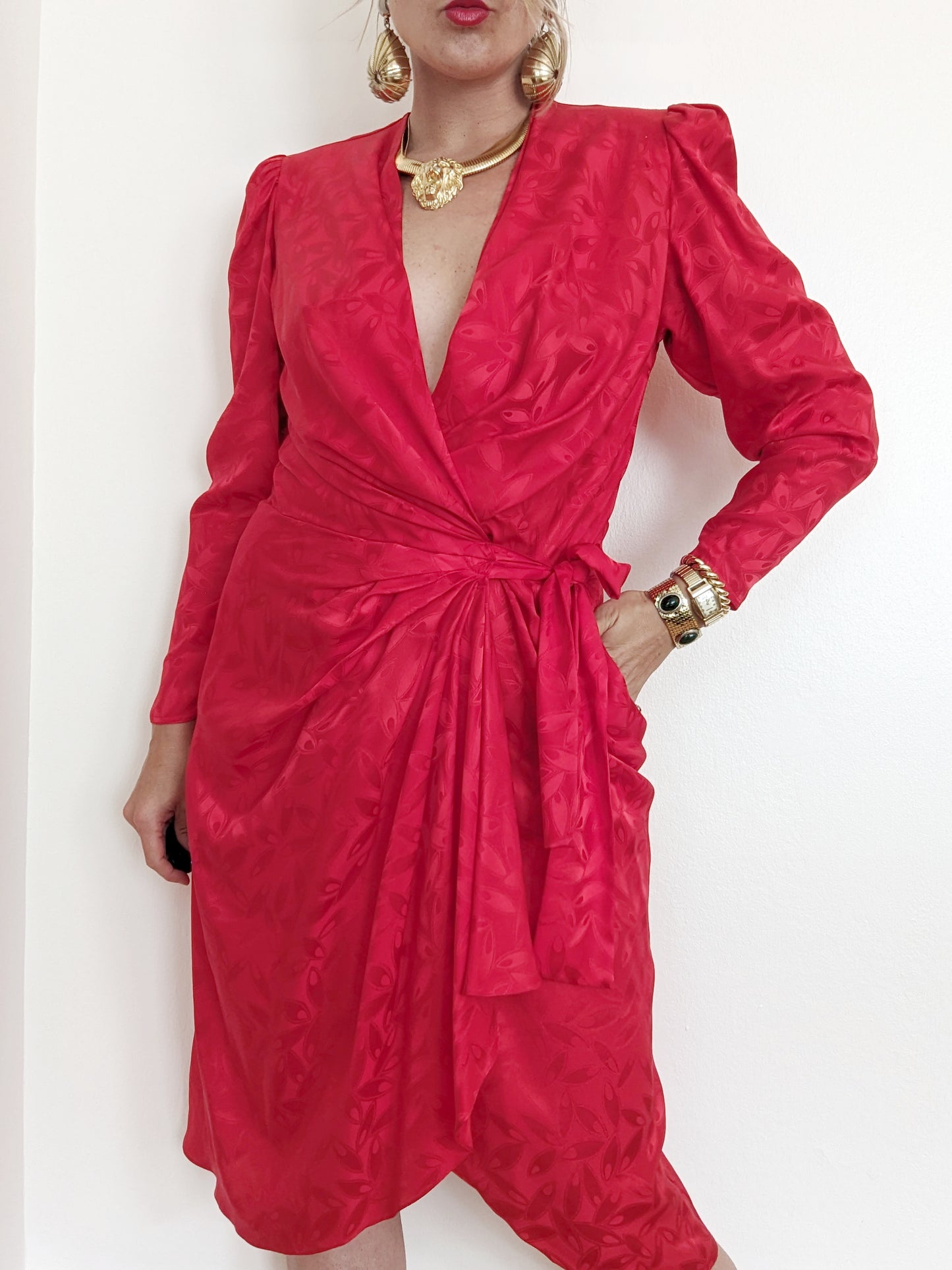 90s Red Silk Wrap Dress