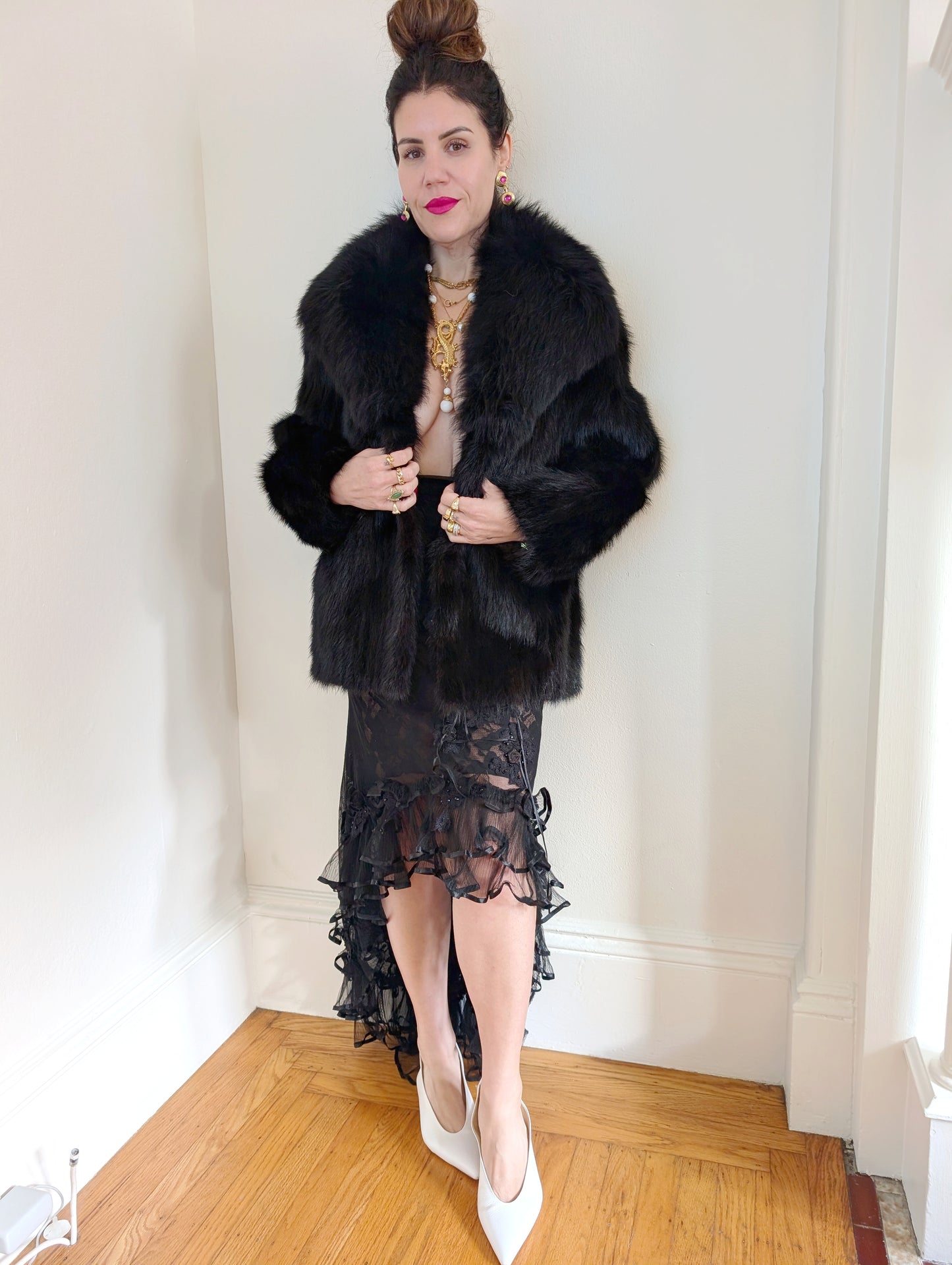 80s Black Mink Coat w/ Fox Collar