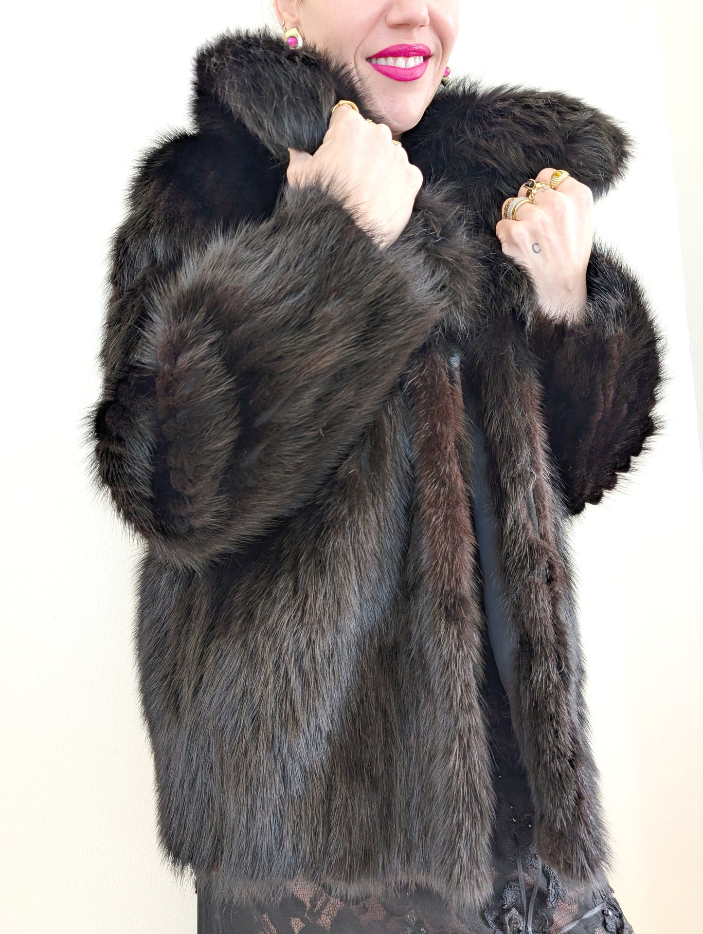 80s Black Mink Coat w/ Fox Collar