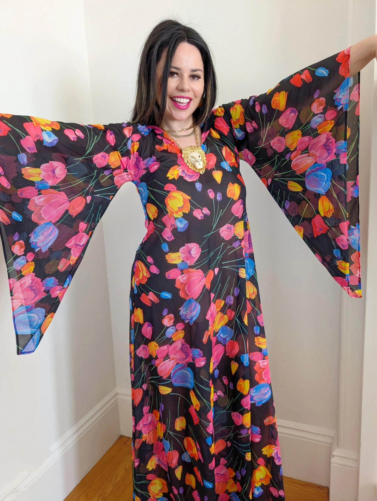 60s Hooded Bell-Sleeve Maxi Dress