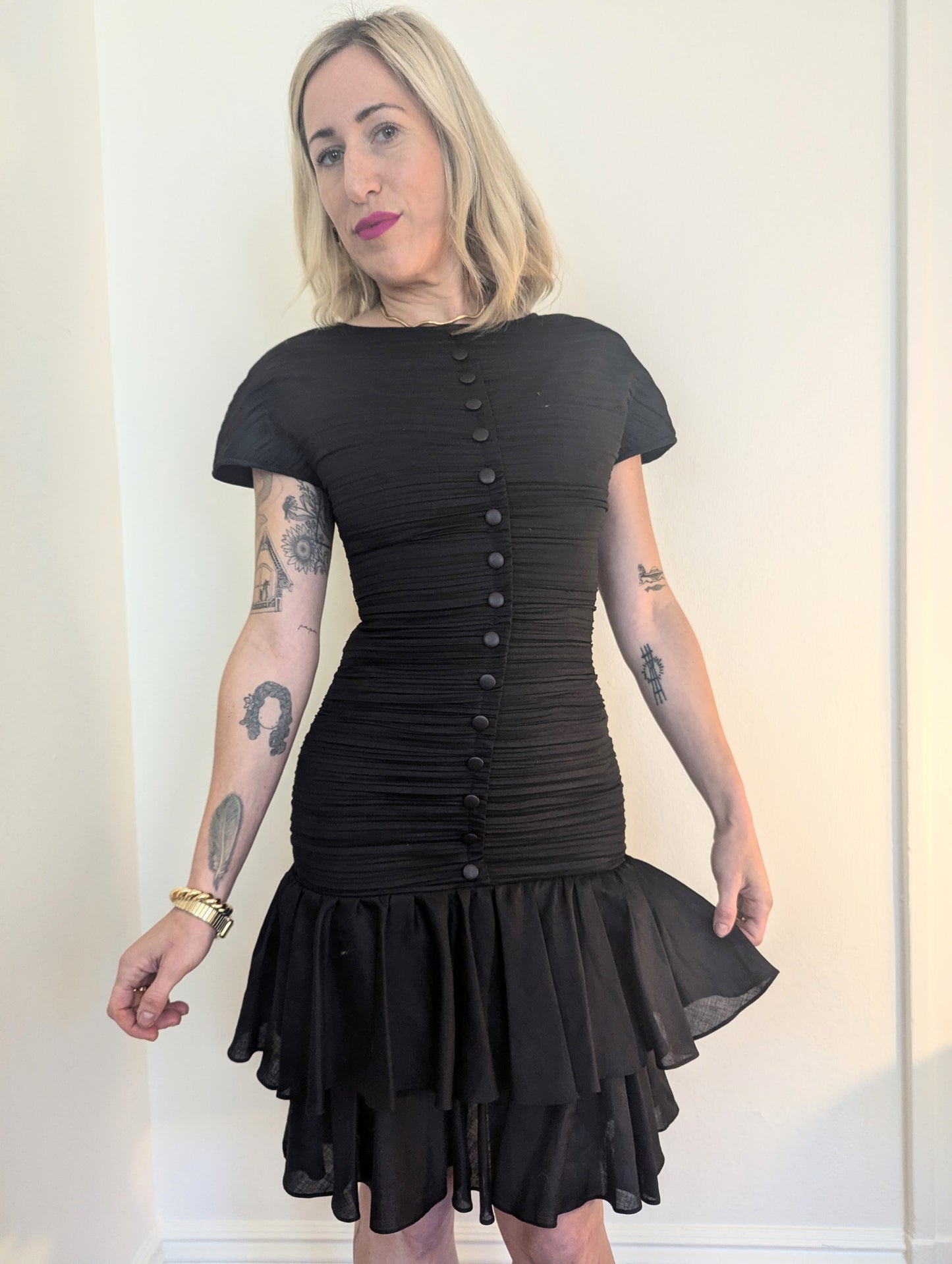 90s Pleated Party Dress with Ruffle Skirt