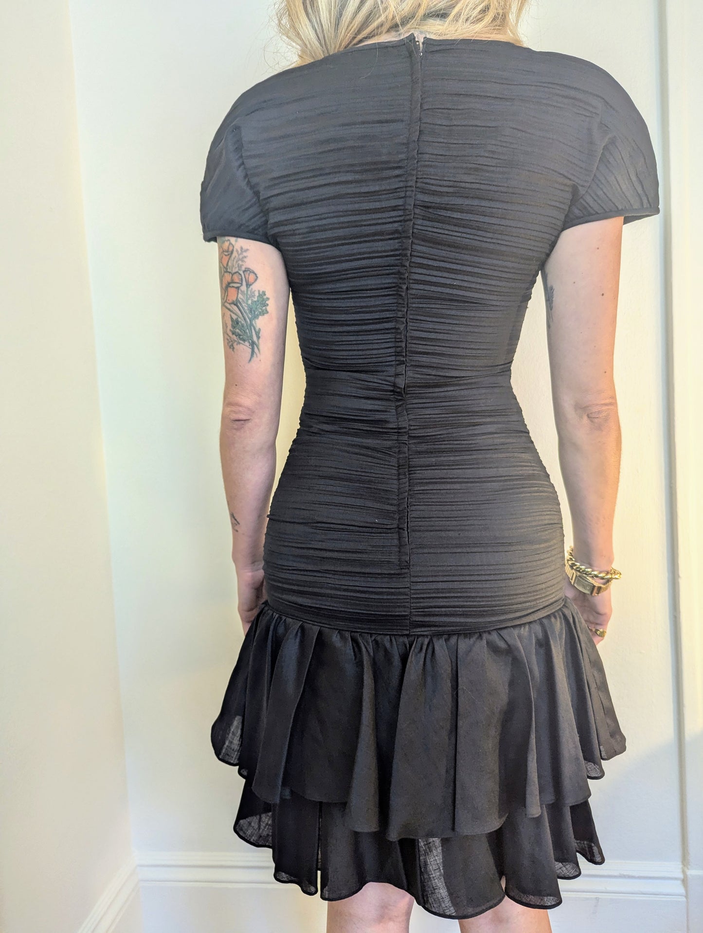 90s Pleated Party Dress with Ruffle Skirt