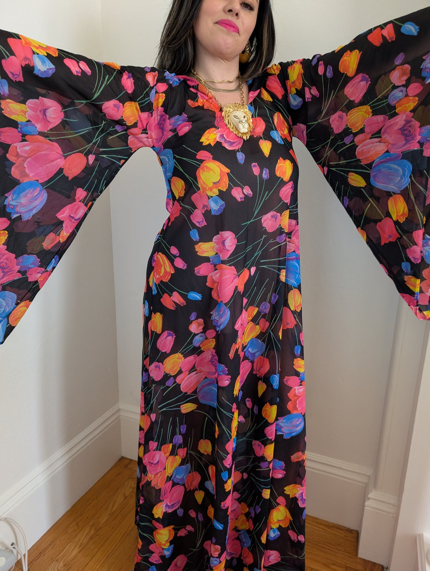 60s Hooded Bell-Sleeve Maxi Dress