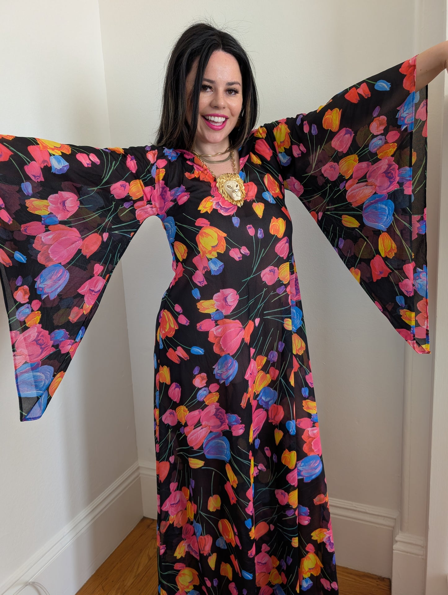 60s Hooded Bell-Sleeve Maxi Dress