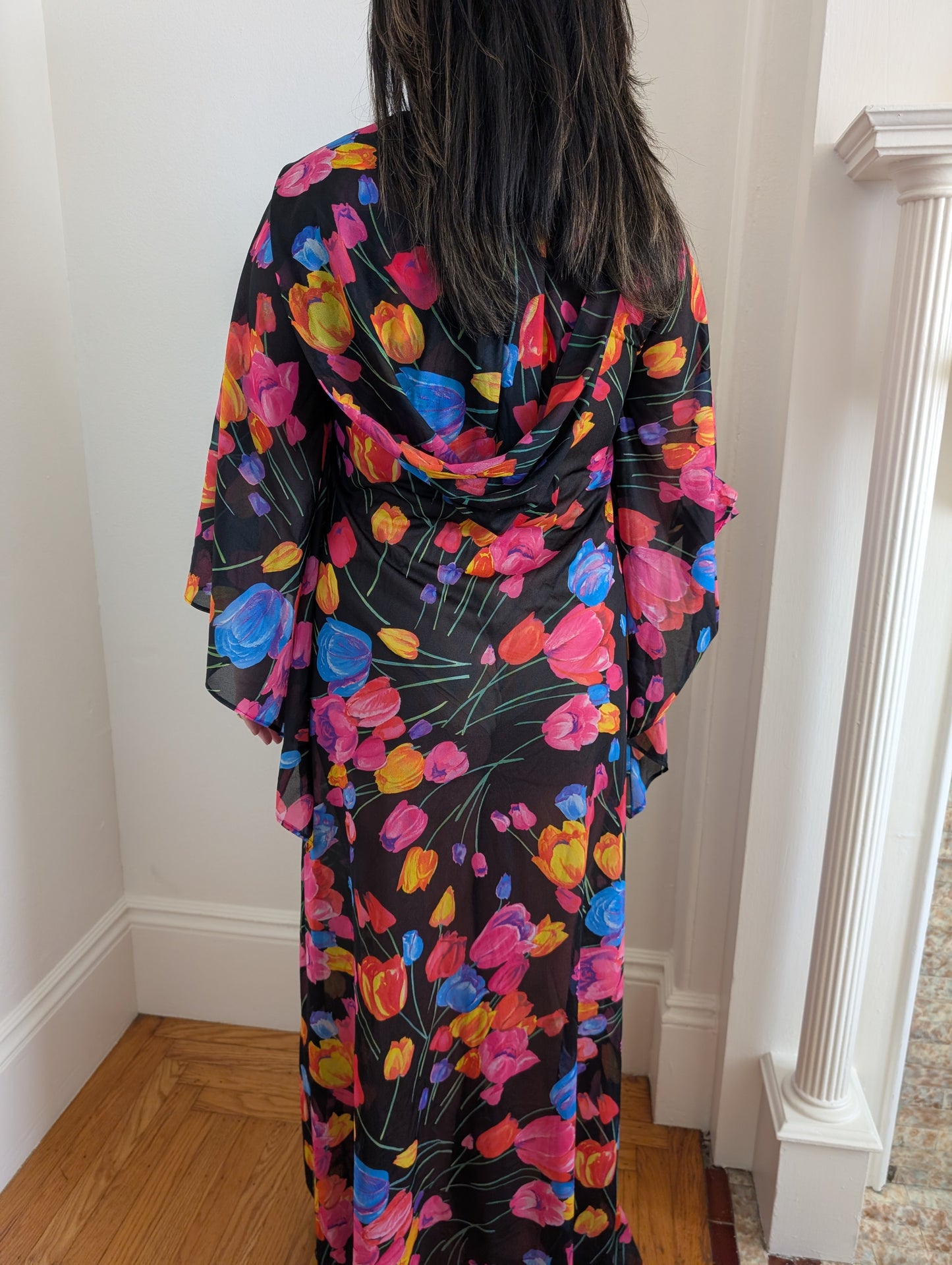 60s Hooded Bell-Sleeve Maxi Dress