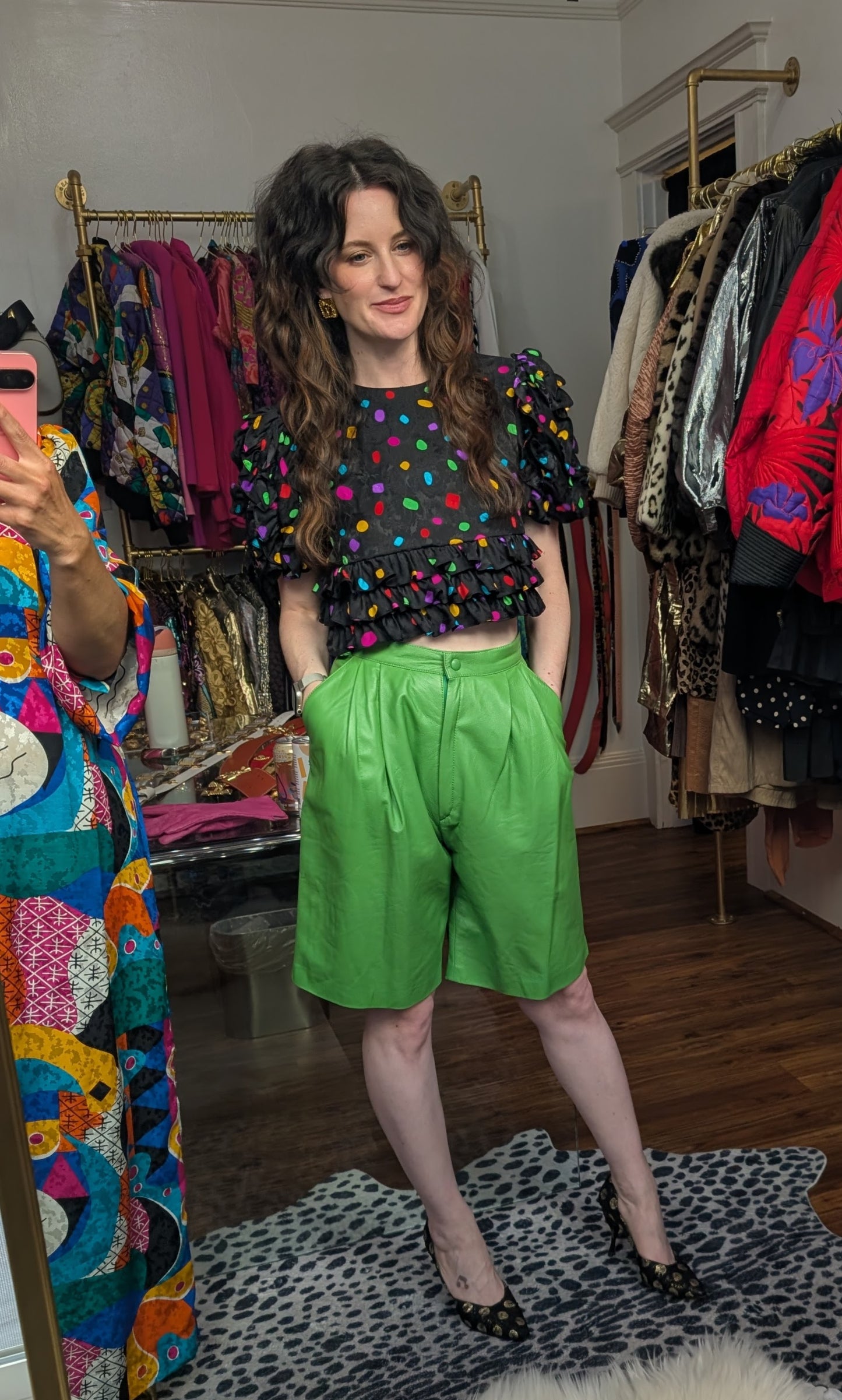 80s Apple Green Leather Shorts