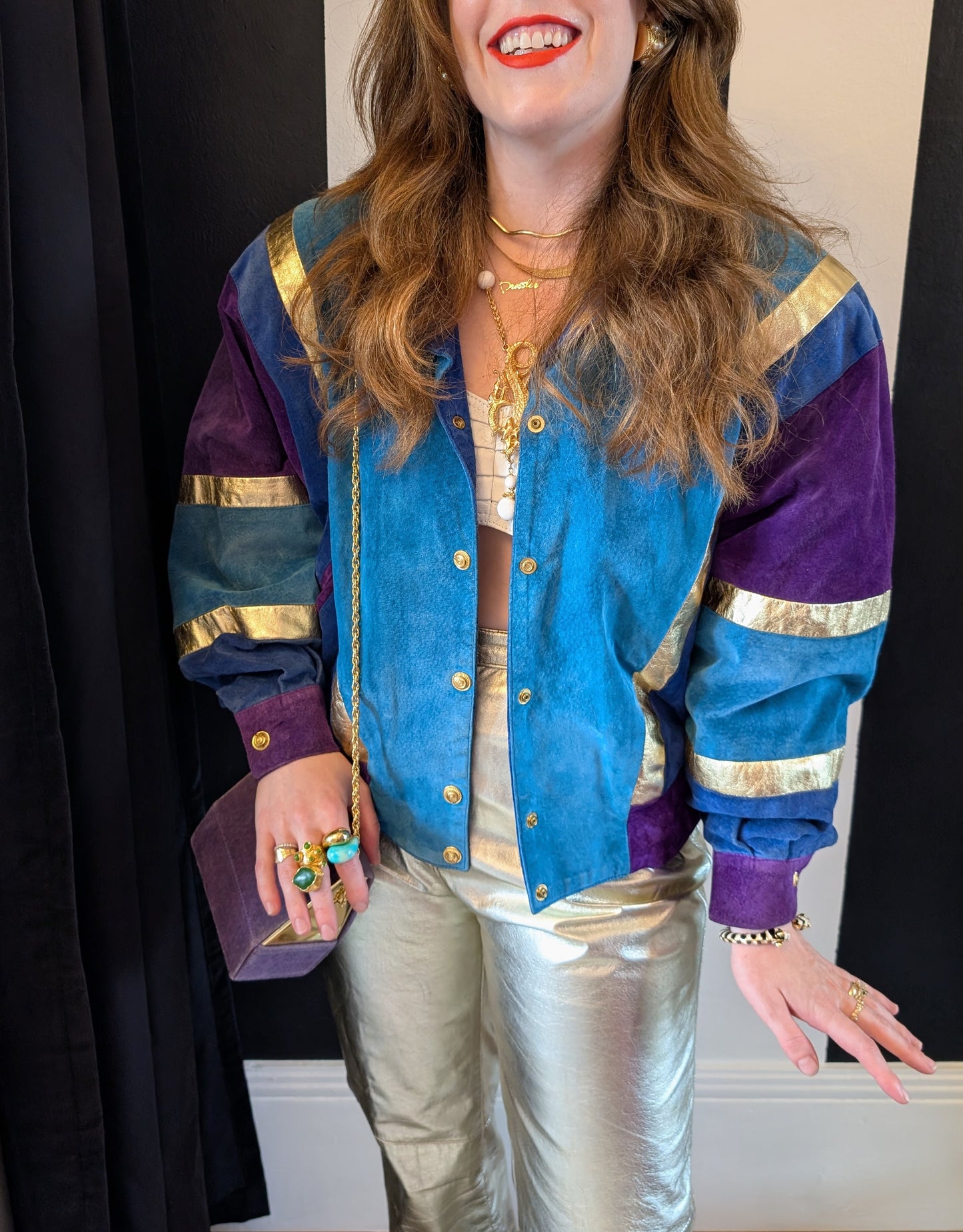 80s Patchwork & Metallic Leather Suede Bomber