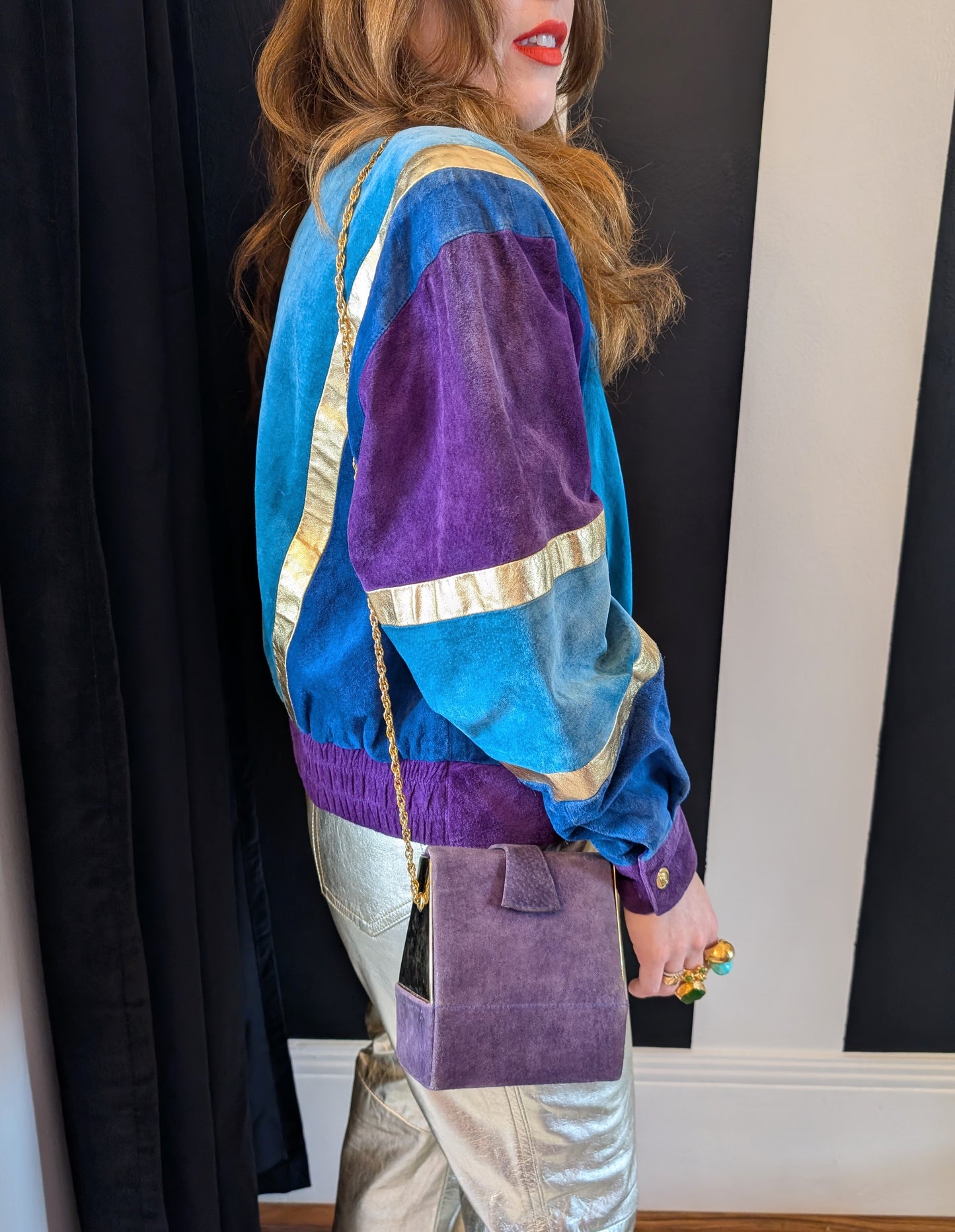 80s Patchwork & Metallic Leather Suede Bomber