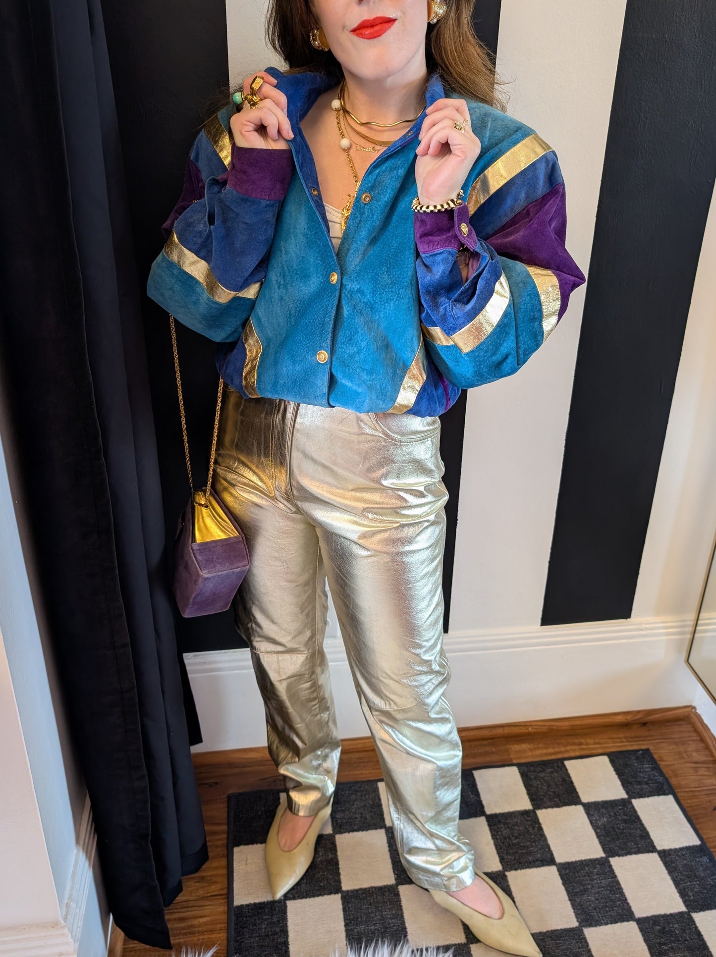 80s Patchwork & Metallic Leather Suede Bomber