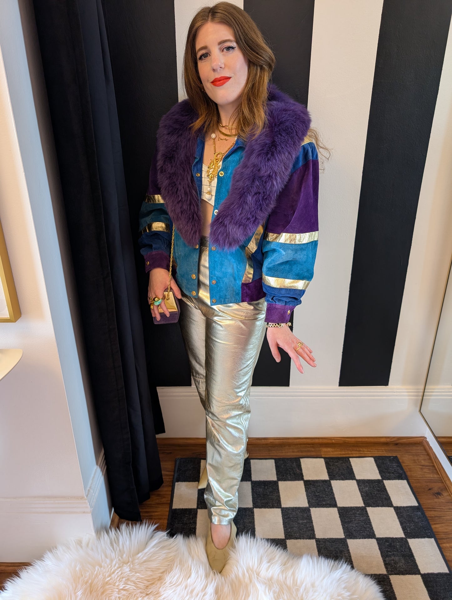 80s Patchwork & Metallic Leather Suede Bomber
