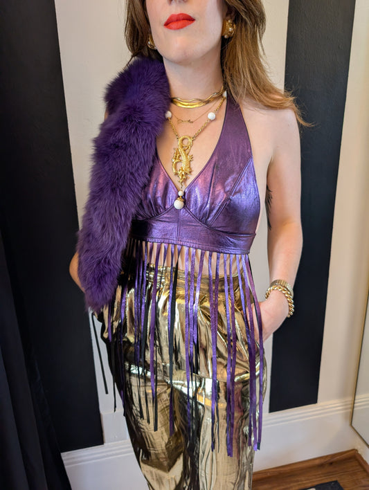 Metallic Leather Fringe Halter Top