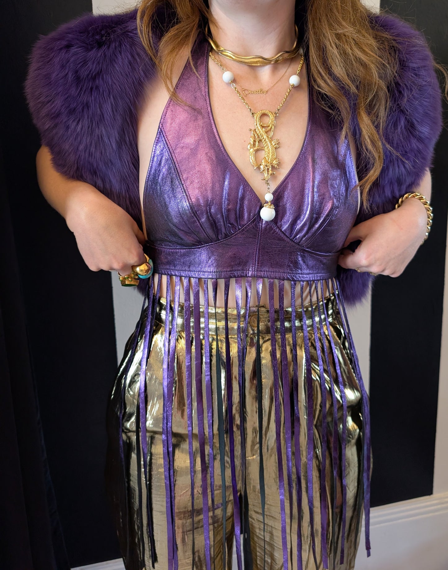 Metallic Leather Fringe Halter Top
