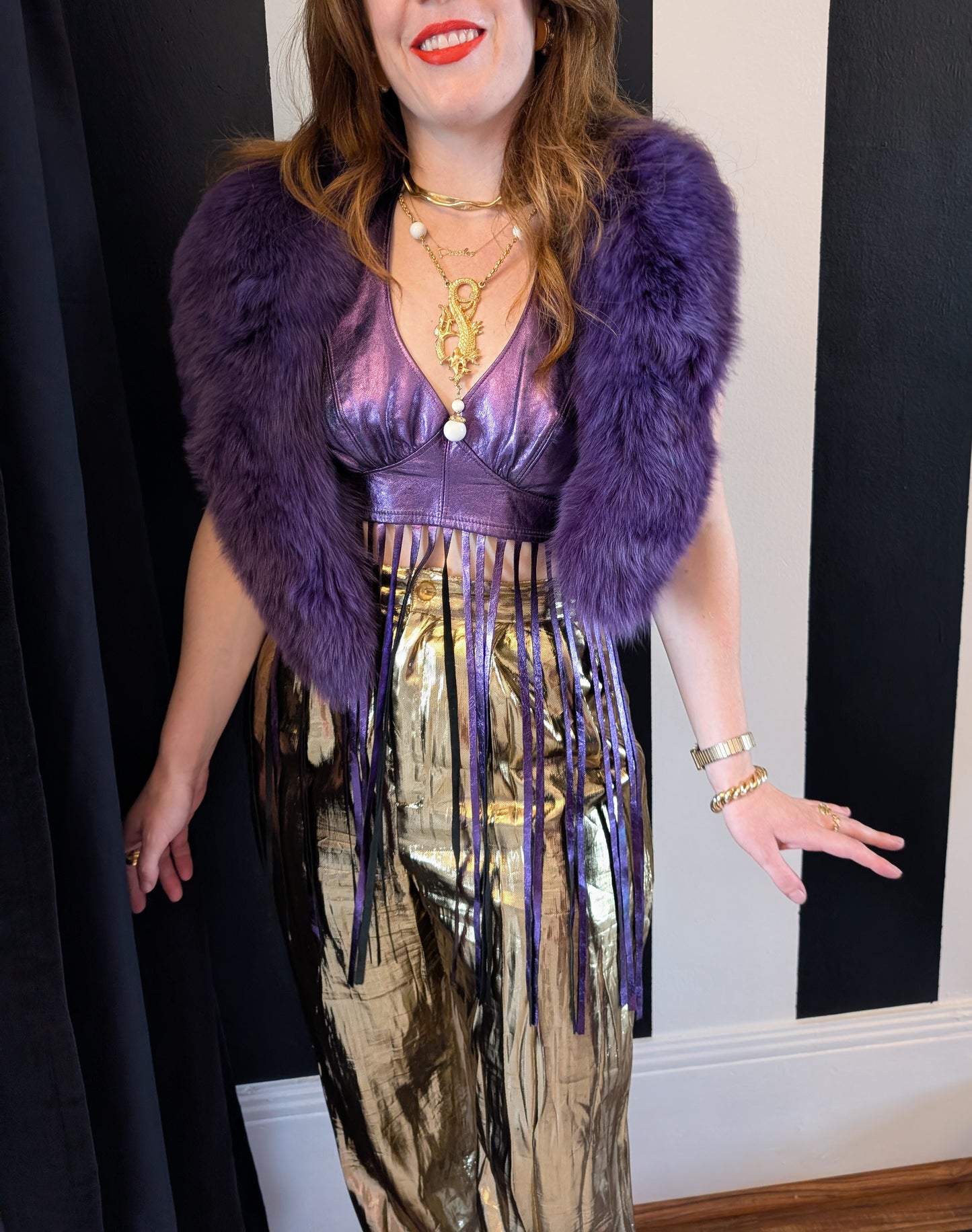 Metallic Leather Fringe Halter Top