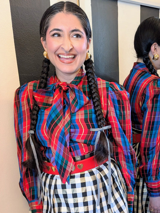 80s Plaid Taffeta Bow Top