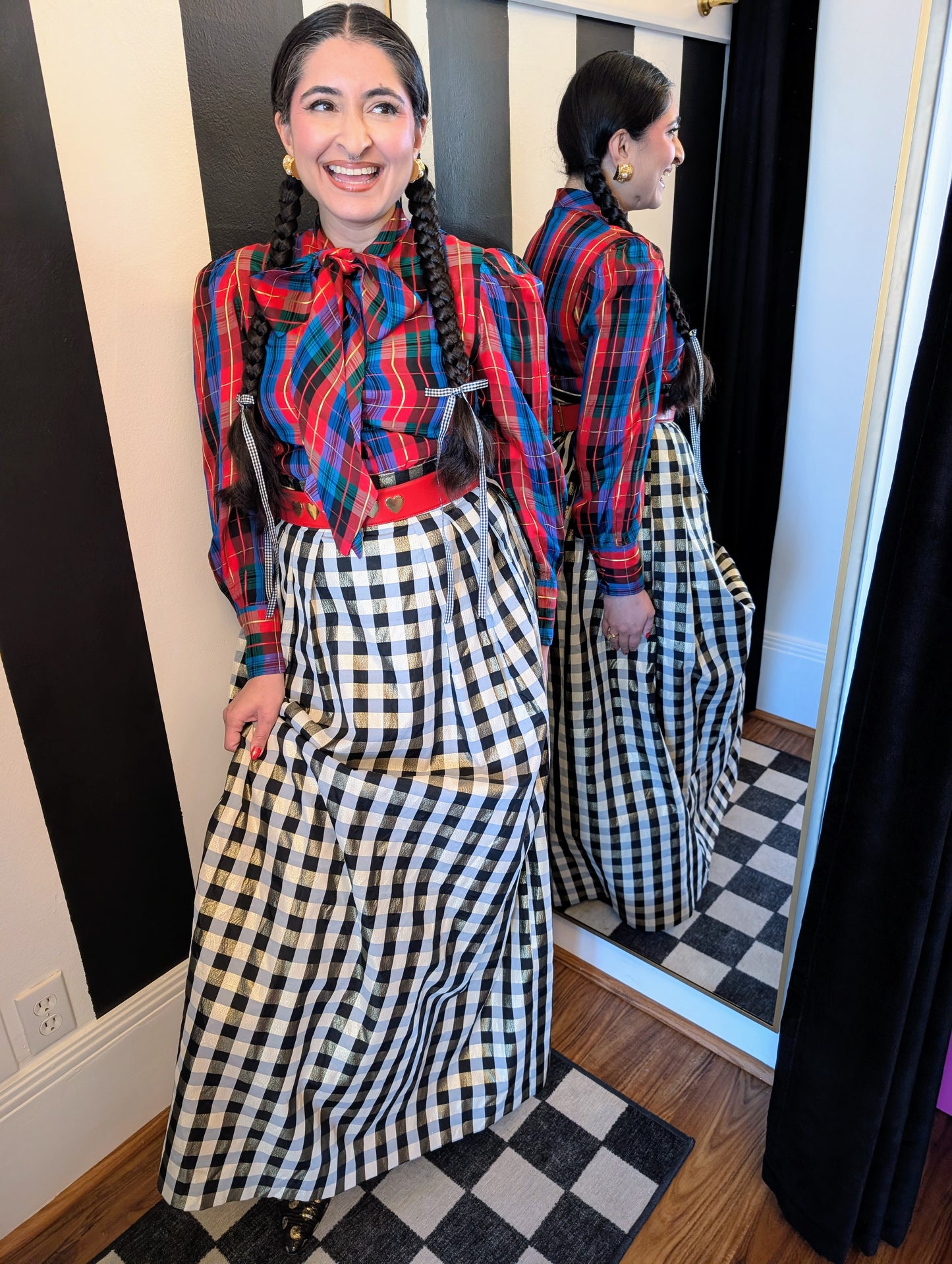 80s Plaid Taffeta Bow Top