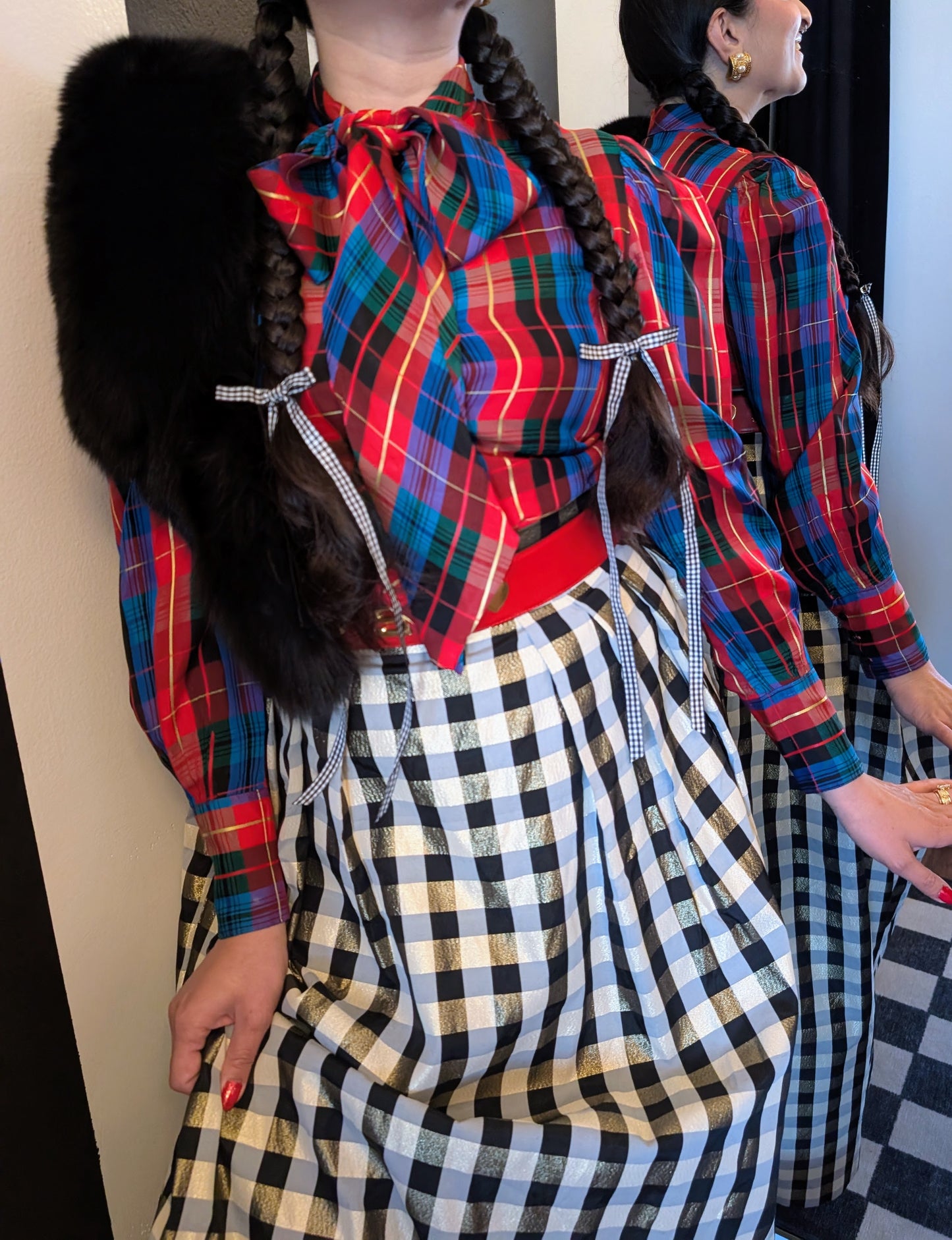 80s Plaid Taffeta Bow Top