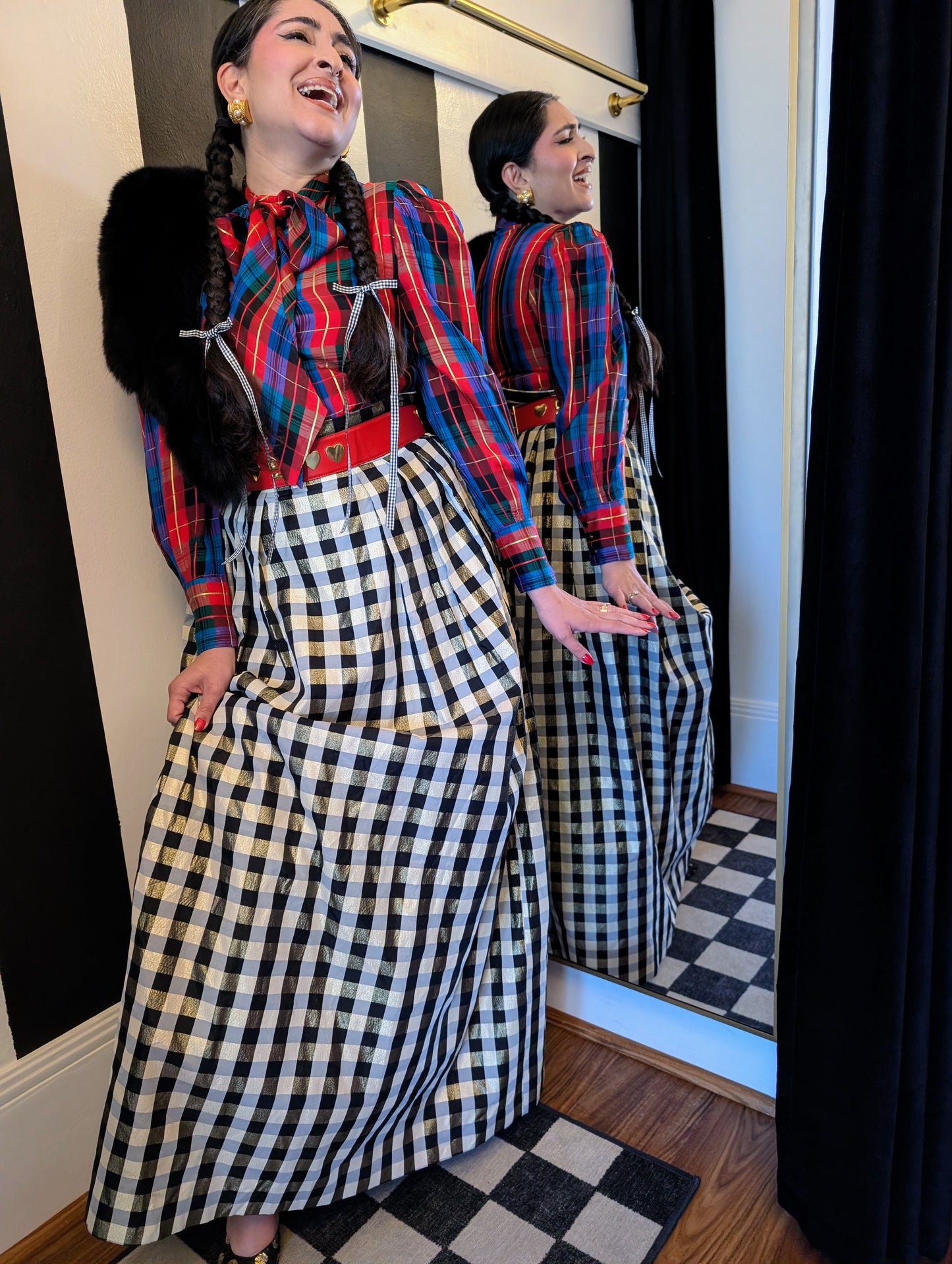 90s Metallic Checkered Taffeta Skirt