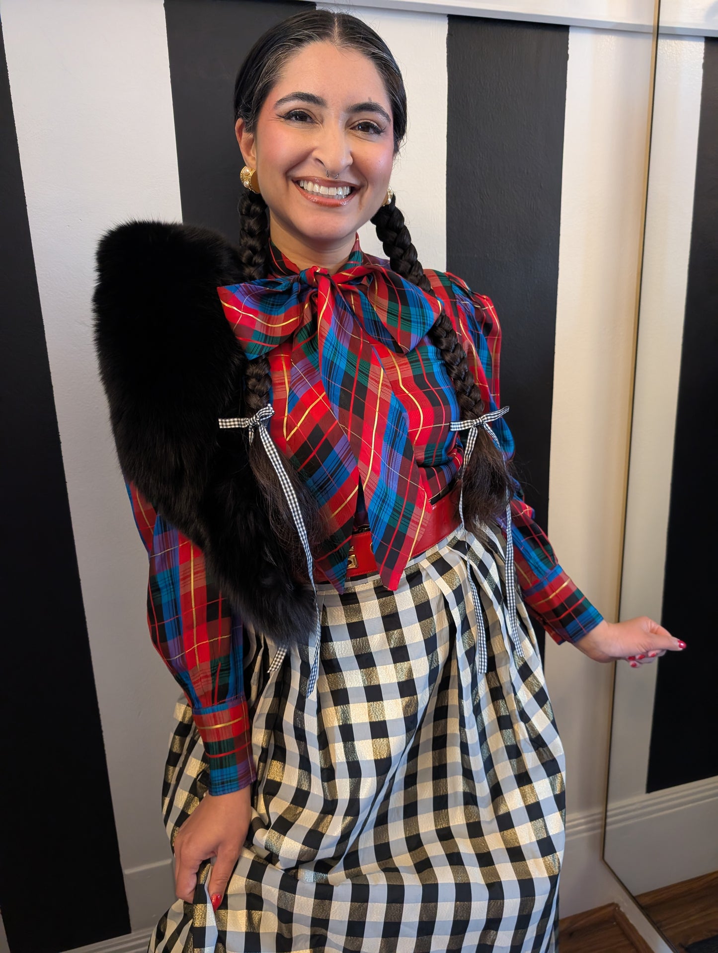 80s Plaid Taffeta Bow Top
