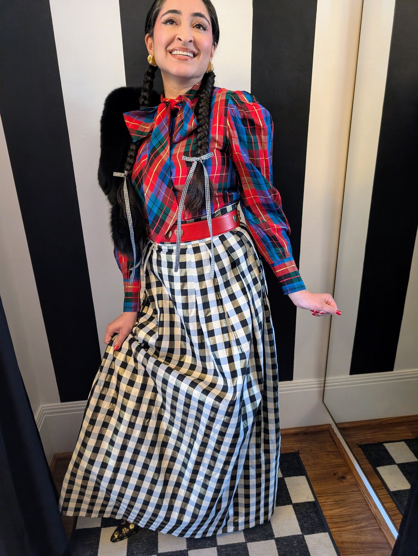 80s Plaid Taffeta Bow Top