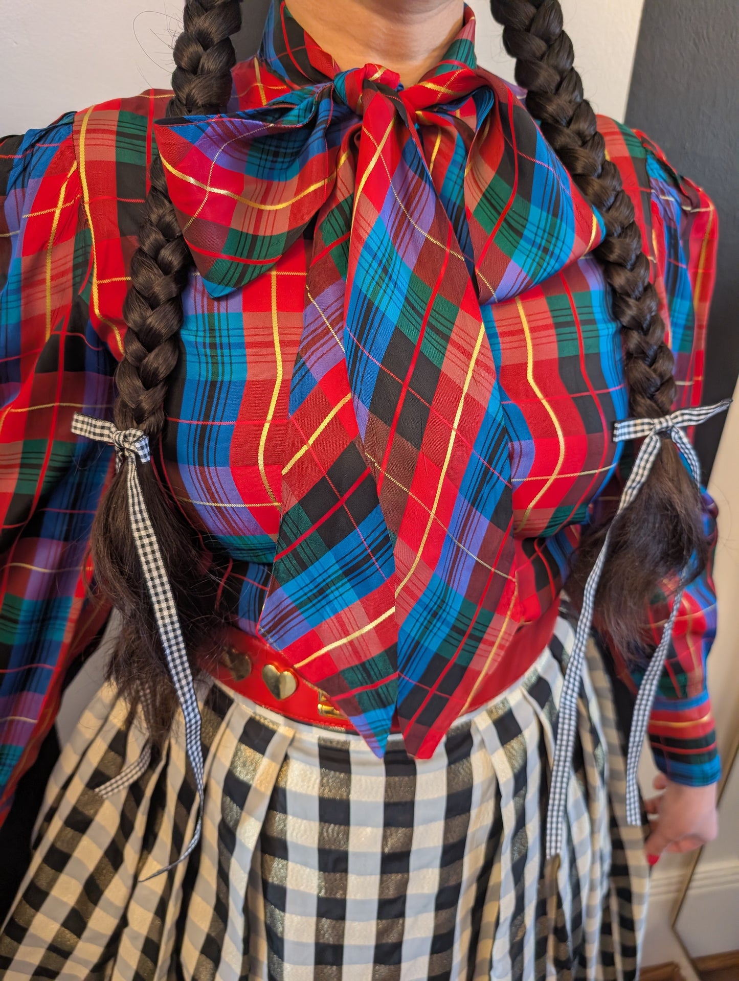 80s Plaid Taffeta Bow Top