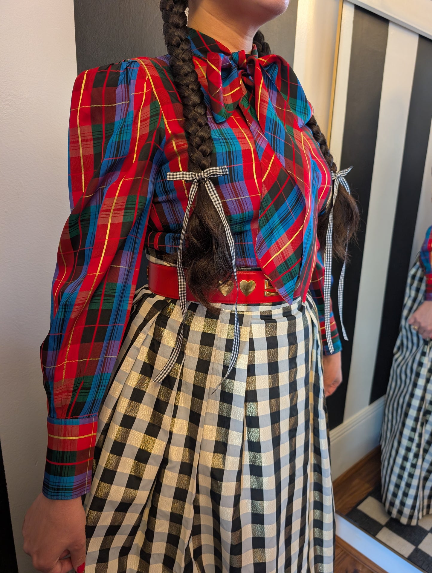 80s Plaid Taffeta Bow Top