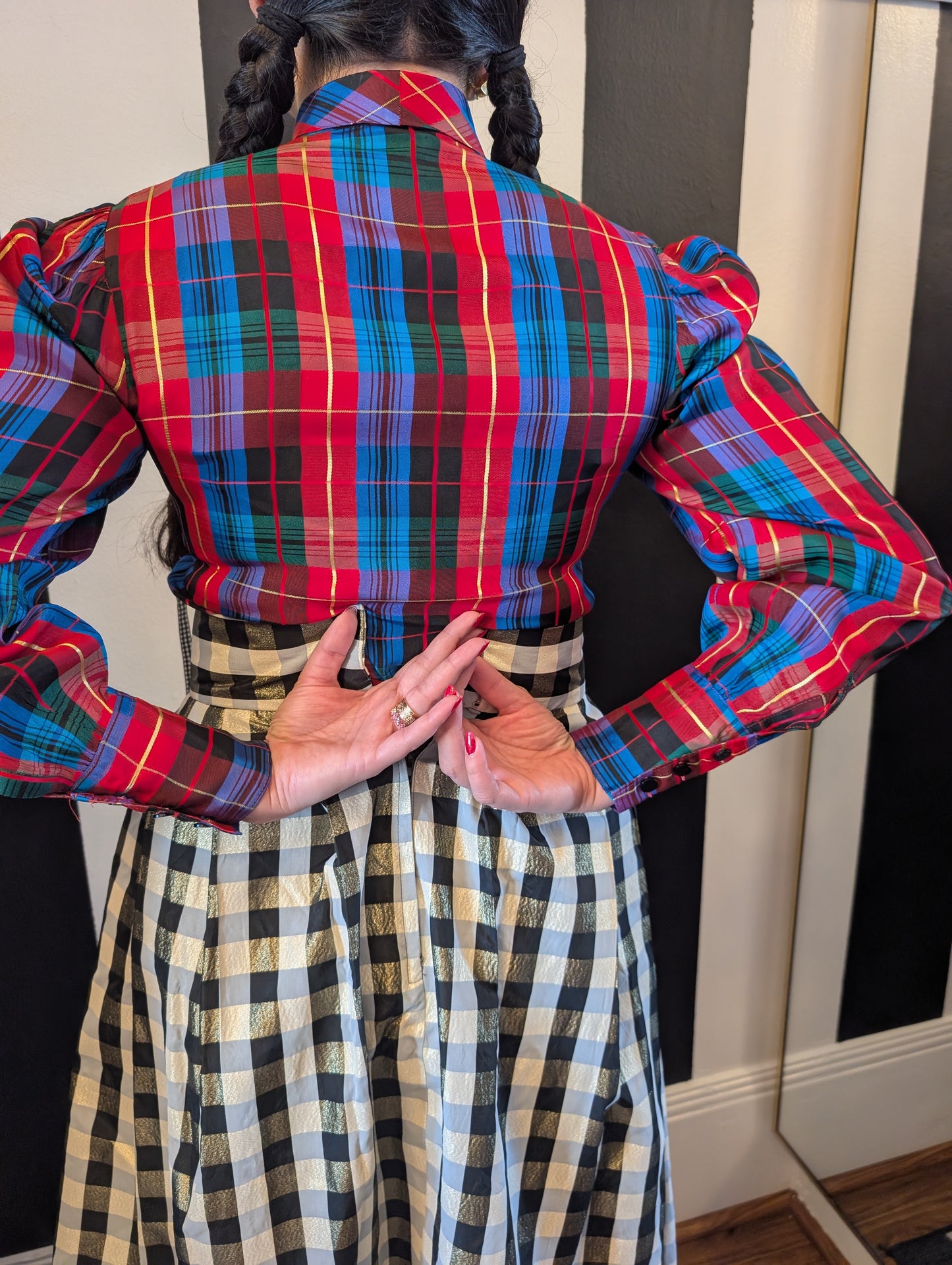 80s Plaid Taffeta Bow Top
