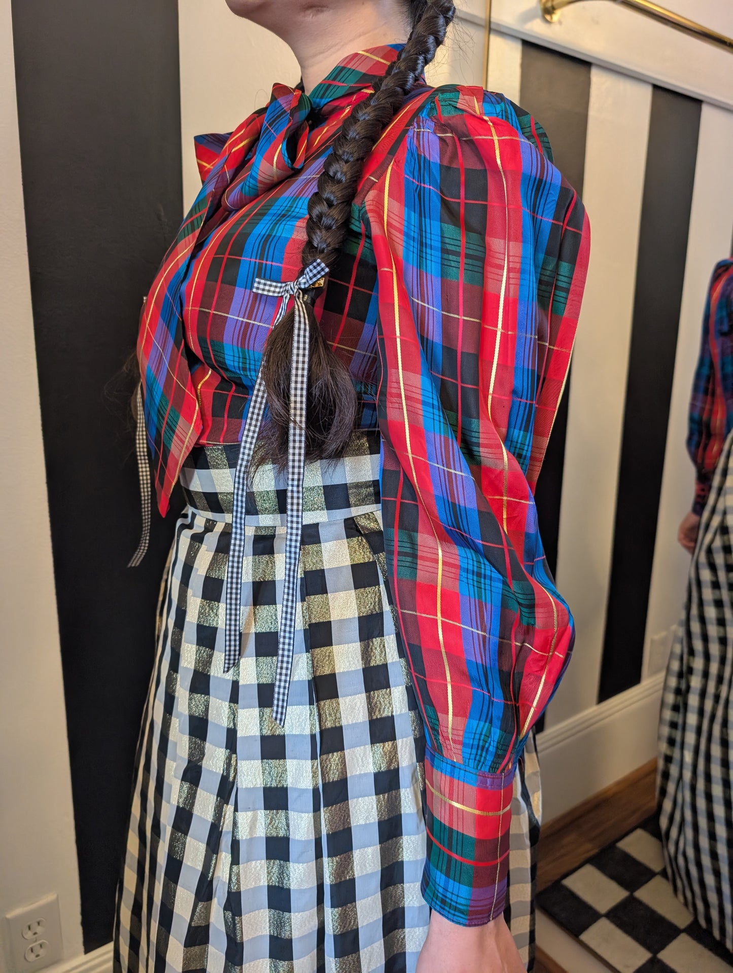 80s Plaid Taffeta Bow Top