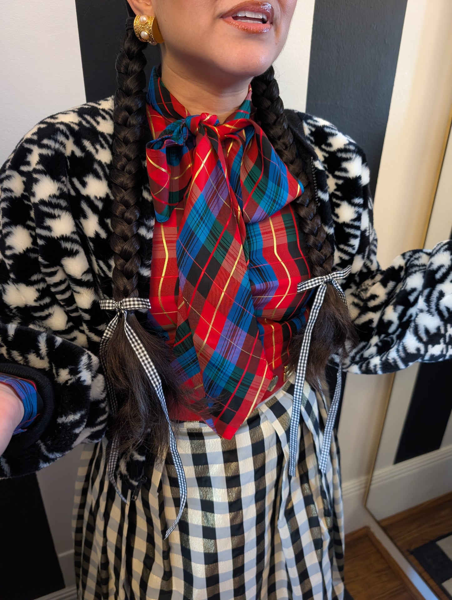 80s Plaid Taffeta Bow Top