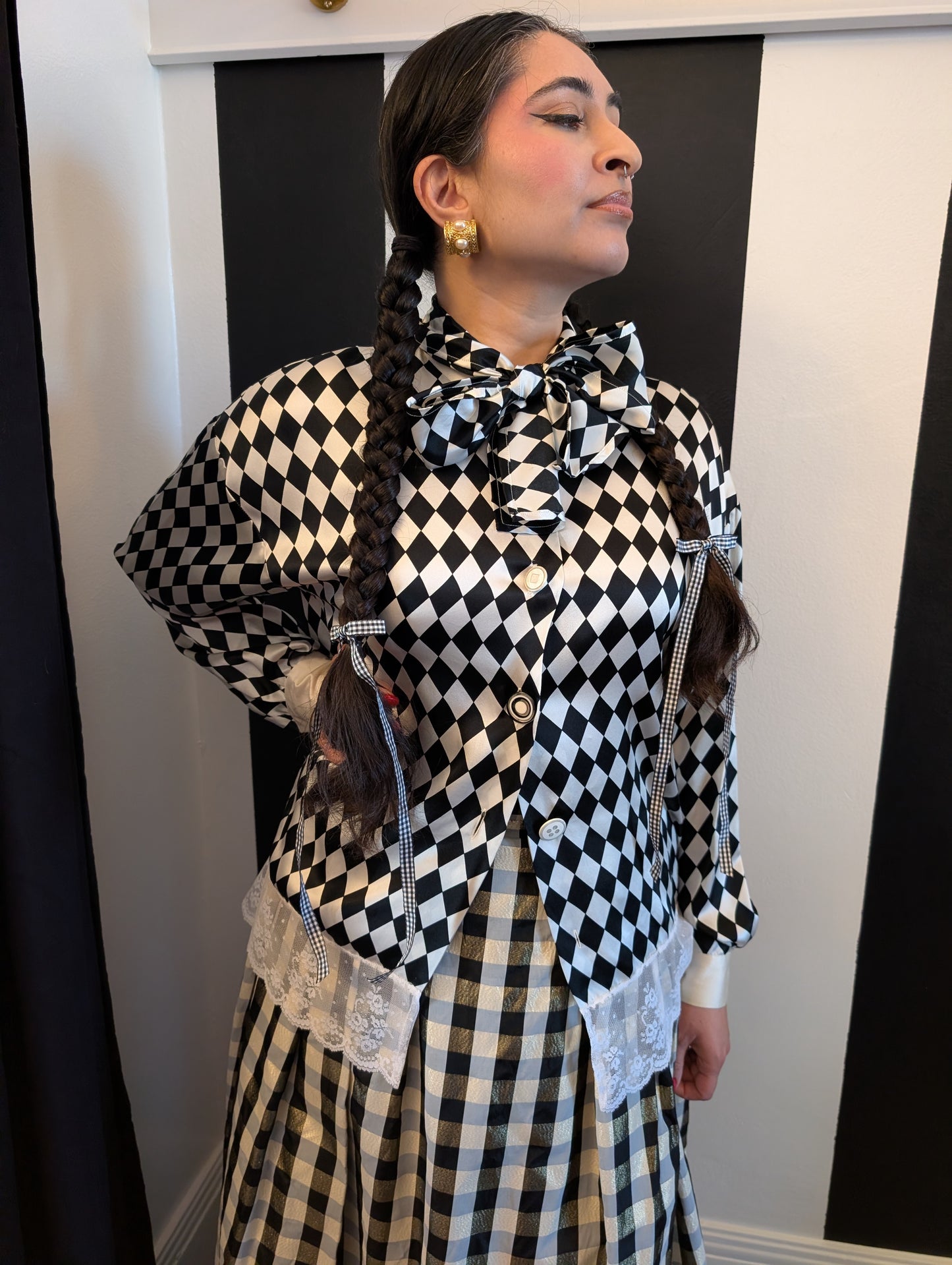 90s Checkered Silk Blouse