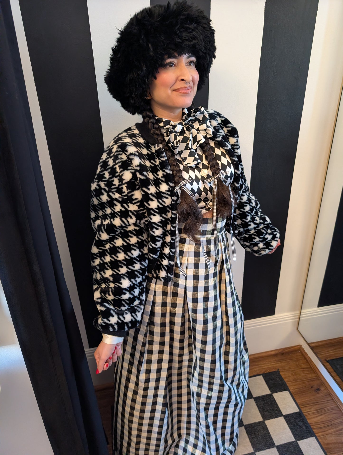 90s Houndstooth Faux Fur Bomber Jacket