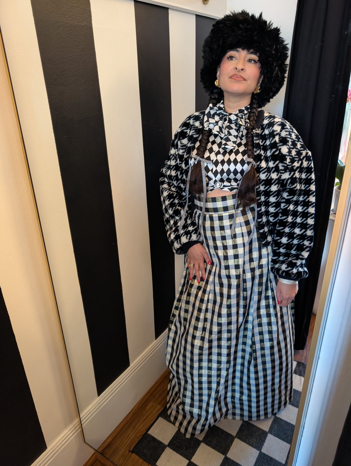 90s Houndstooth Faux Fur Bomber Jacket