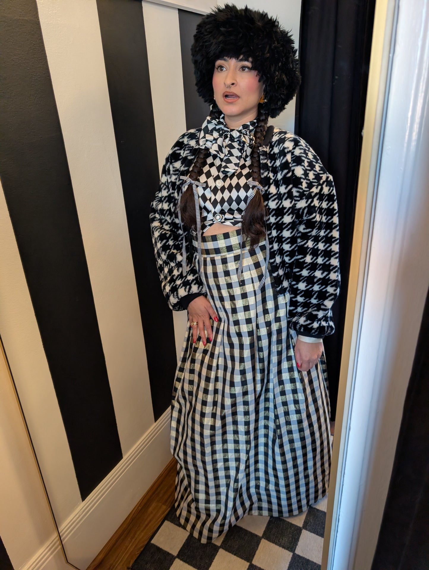 90s Houndstooth Faux Fur Bomber Jacket