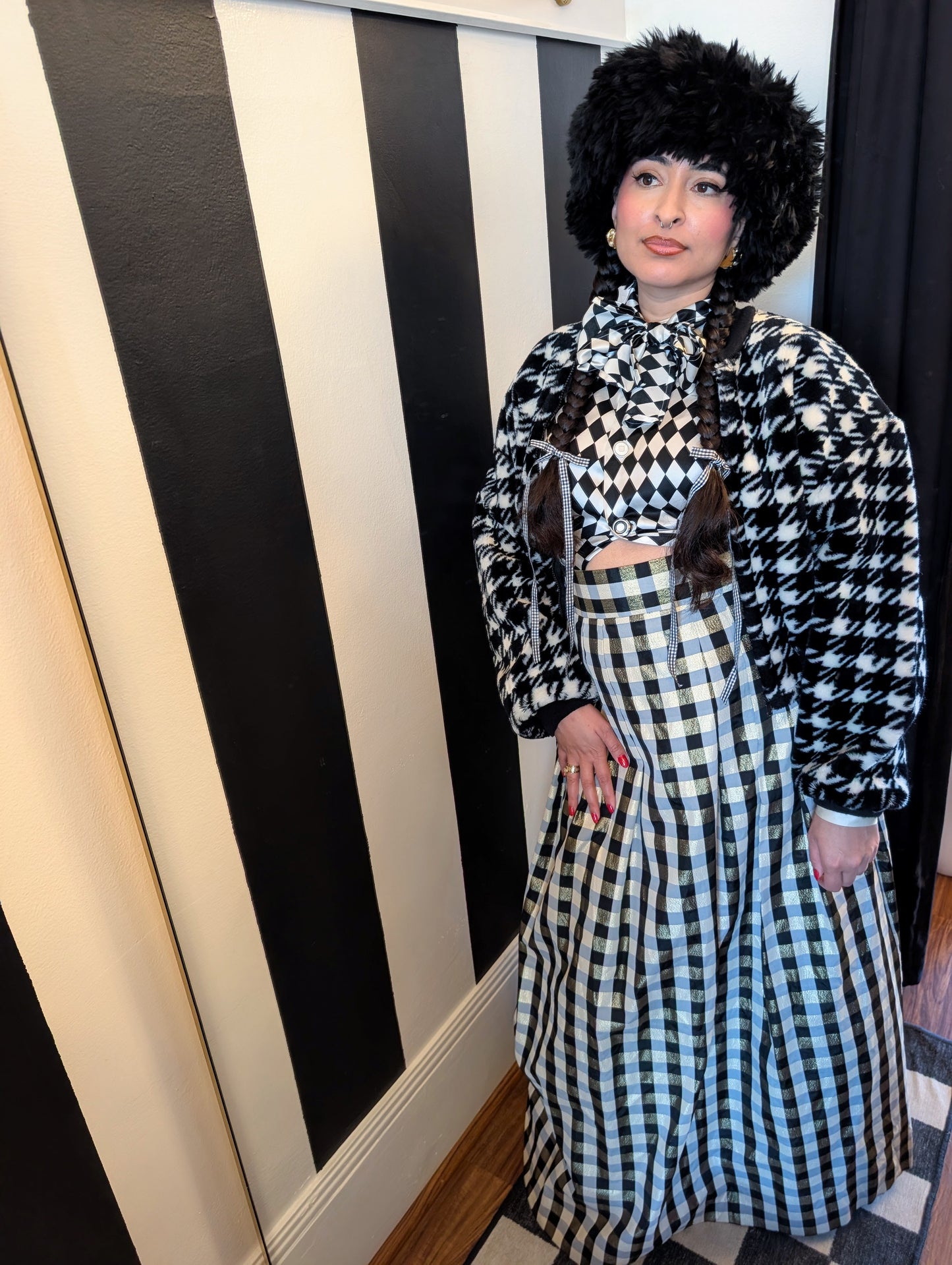 90s Houndstooth Faux Fur Bomber Jacket