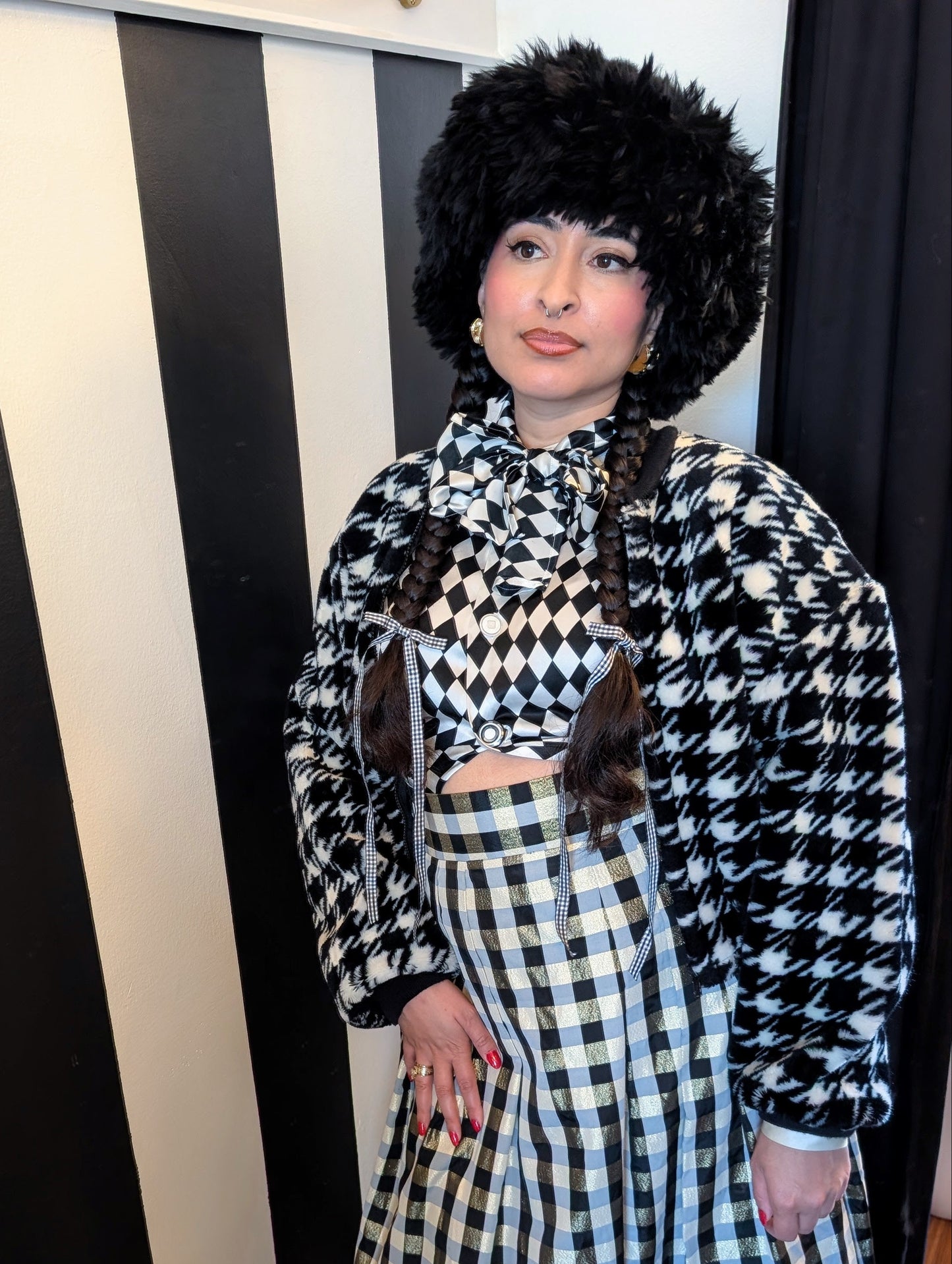 90s Houndstooth Faux Fur Bomber Jacket