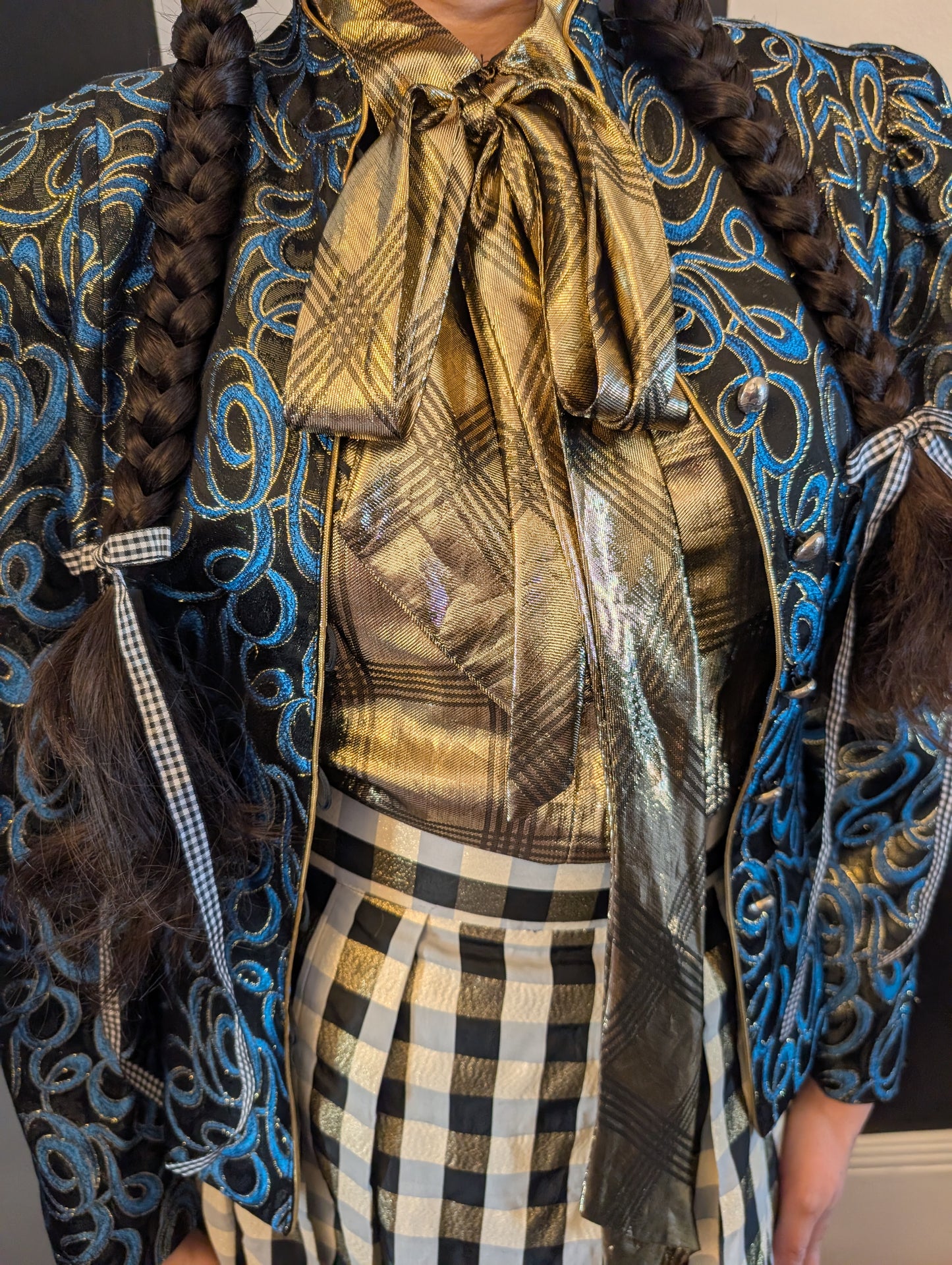 80s Gold Lamé Plaid Pussycat Bow Blouse