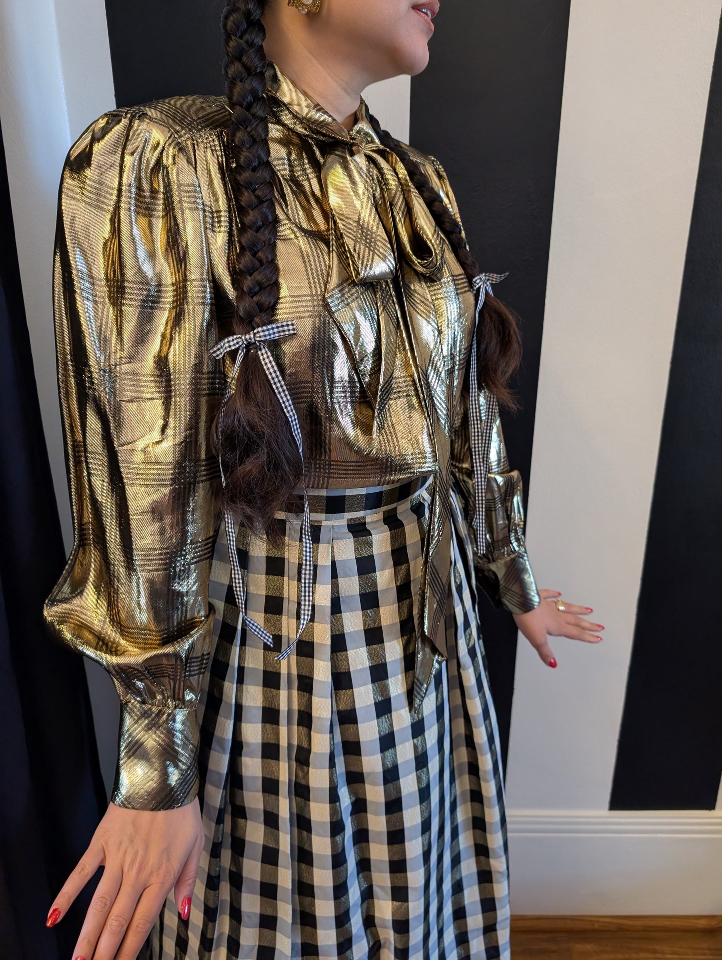 80s Gold Lamé Plaid Pussycat Bow Blouse