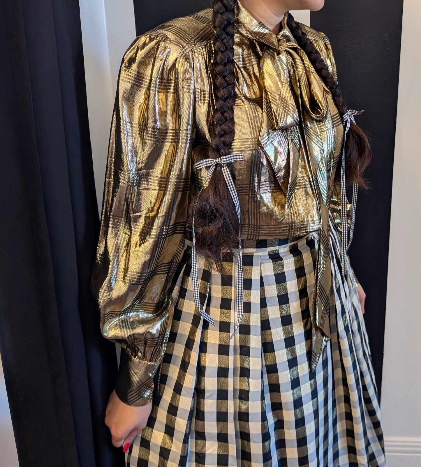 80s Gold Lamé Plaid Pussycat Bow Blouse