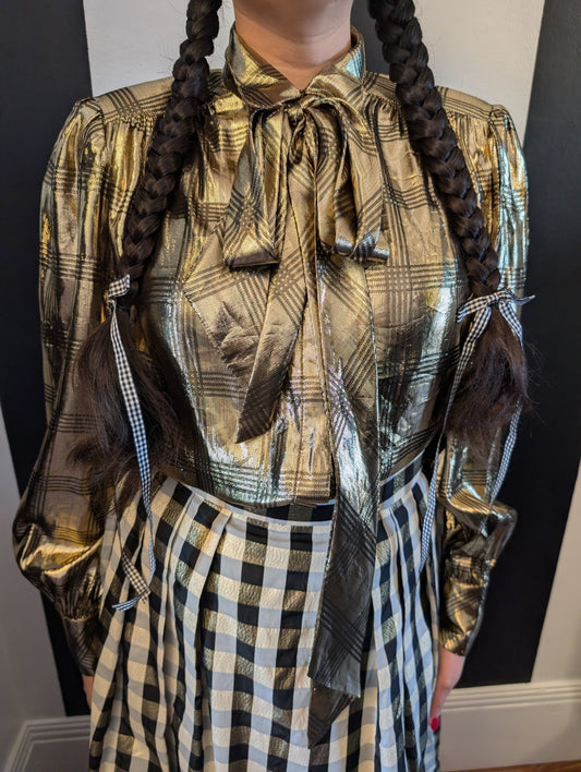 80s Gold Lamé Plaid Pussycat Bow Blouse