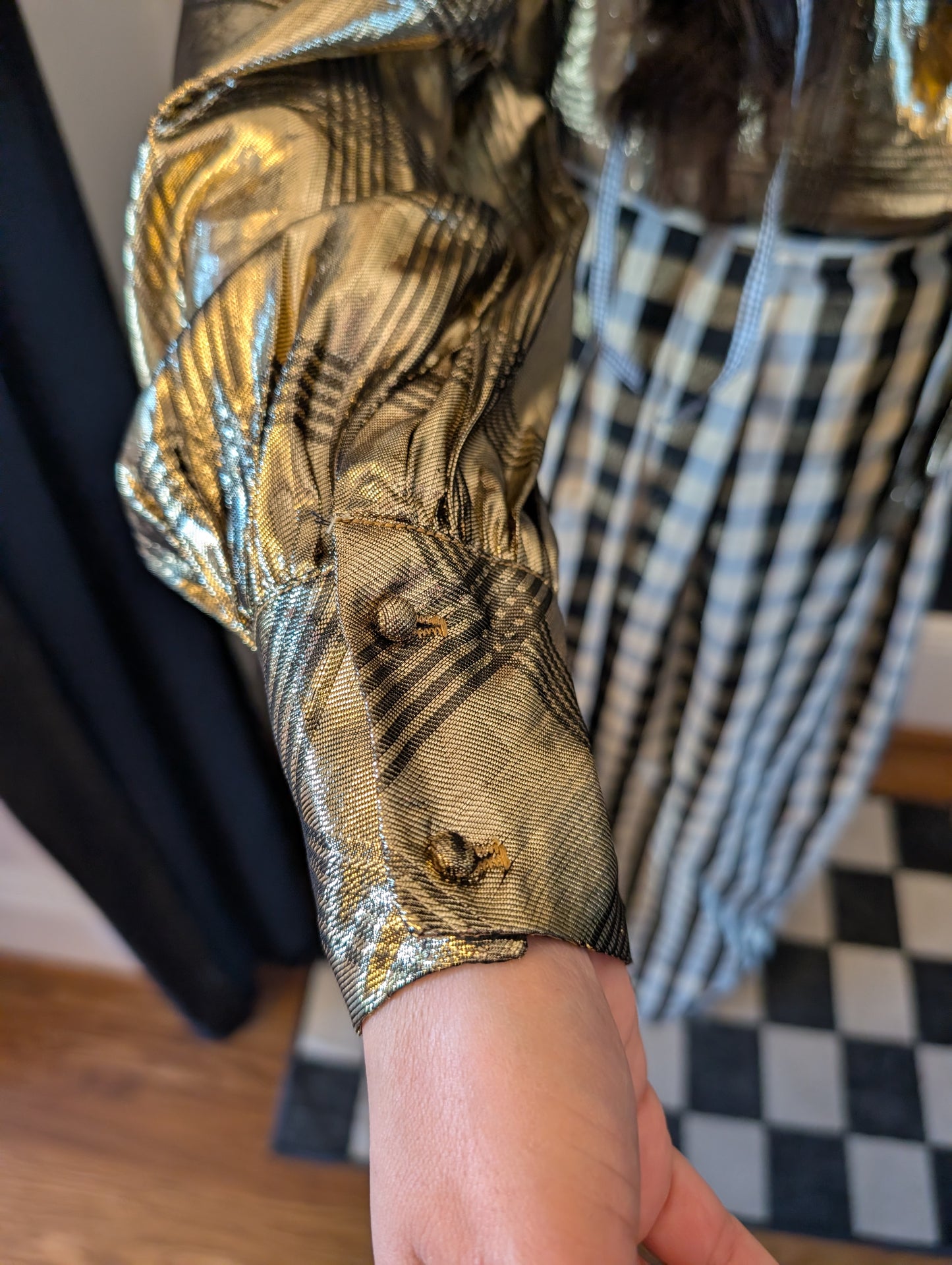 80s Gold Lamé Plaid Pussycat Bow Blouse
