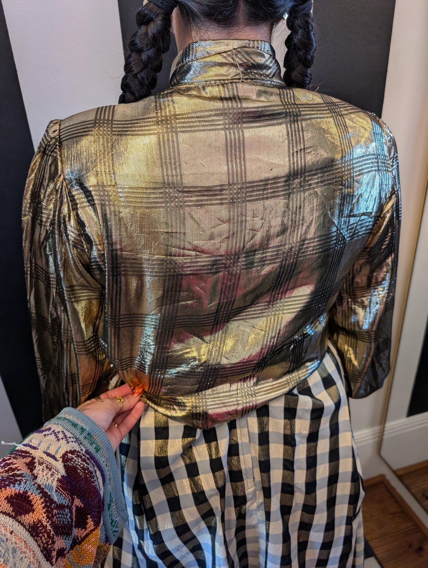 80s Gold Lamé Plaid Pussycat Bow Blouse