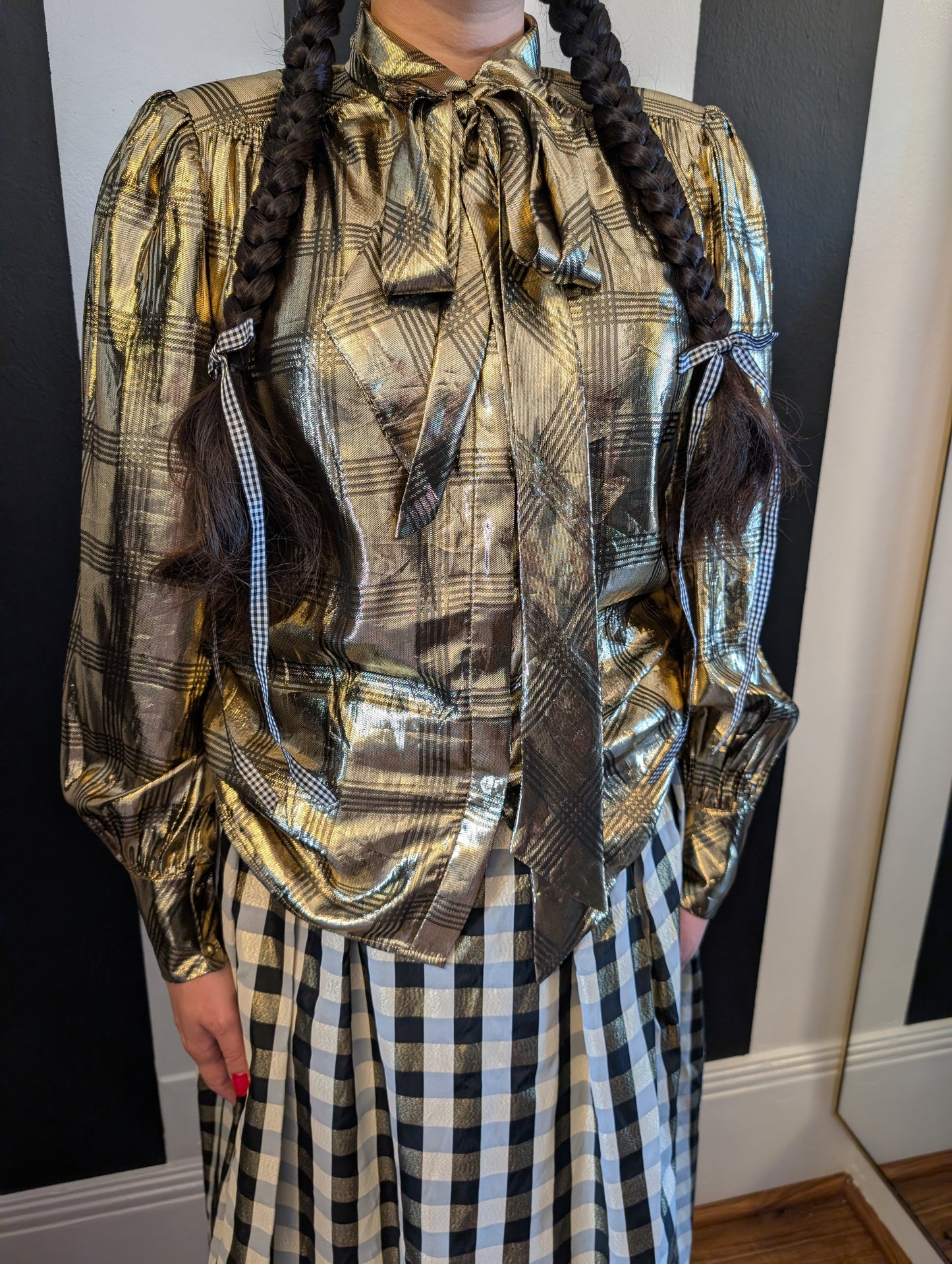 80s Gold Lamé Plaid Pussycat Bow Blouse