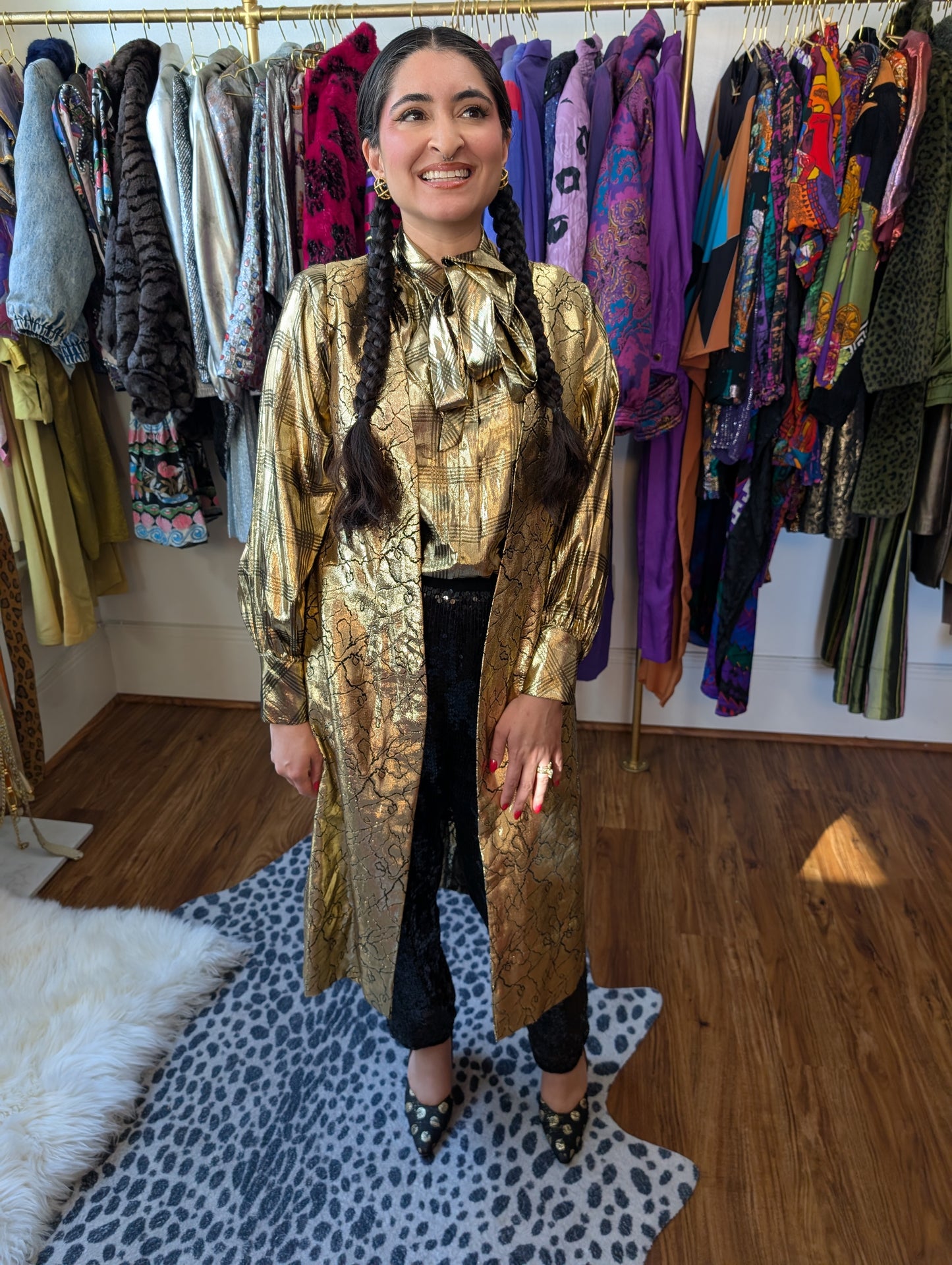 80s Gold Lamé Plaid Pussycat Bow Blouse